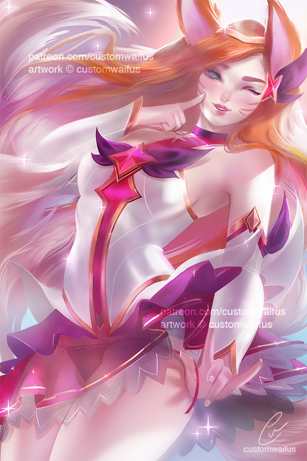 ahri alternate_color alternate_costume blue_eyes customwaifus female female_only fox_ears fox_tail gloves hands-free league_of_legends no_bra one_eye_closed panties solo star_guardian star_guardian_ahri star_guardian_series tagme