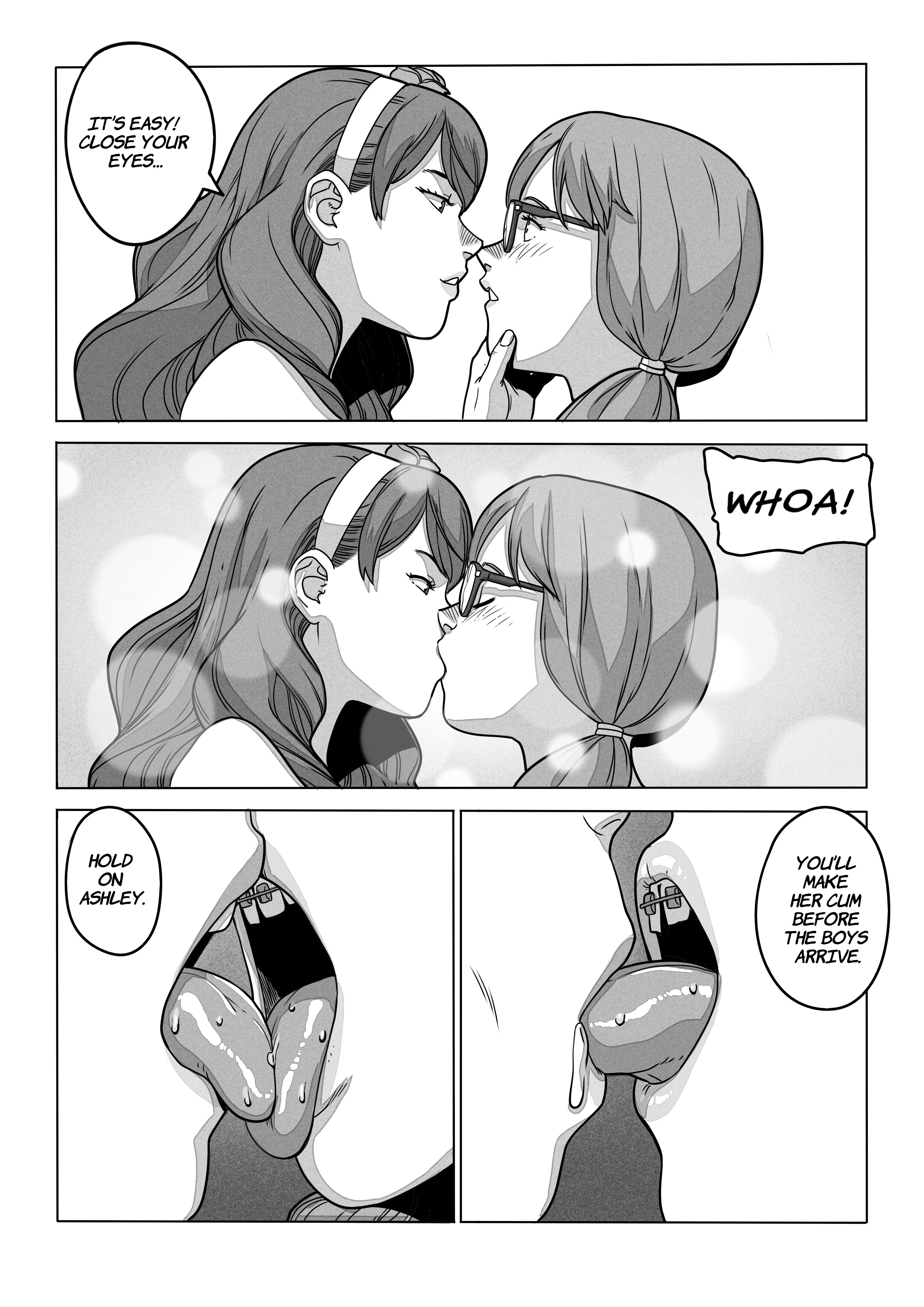 2girls, anna (tekuho), ashley (tekuho), braces, comic, dialogue, duo, english text, eyewear, female, female only, first kiss, french kiss, glasses, greyscale, human, kissing, line art, monochrome, nerd, shy, speech bubble, teenager, tekuho, text, tongue in mouth, tongue sucking, yuri
