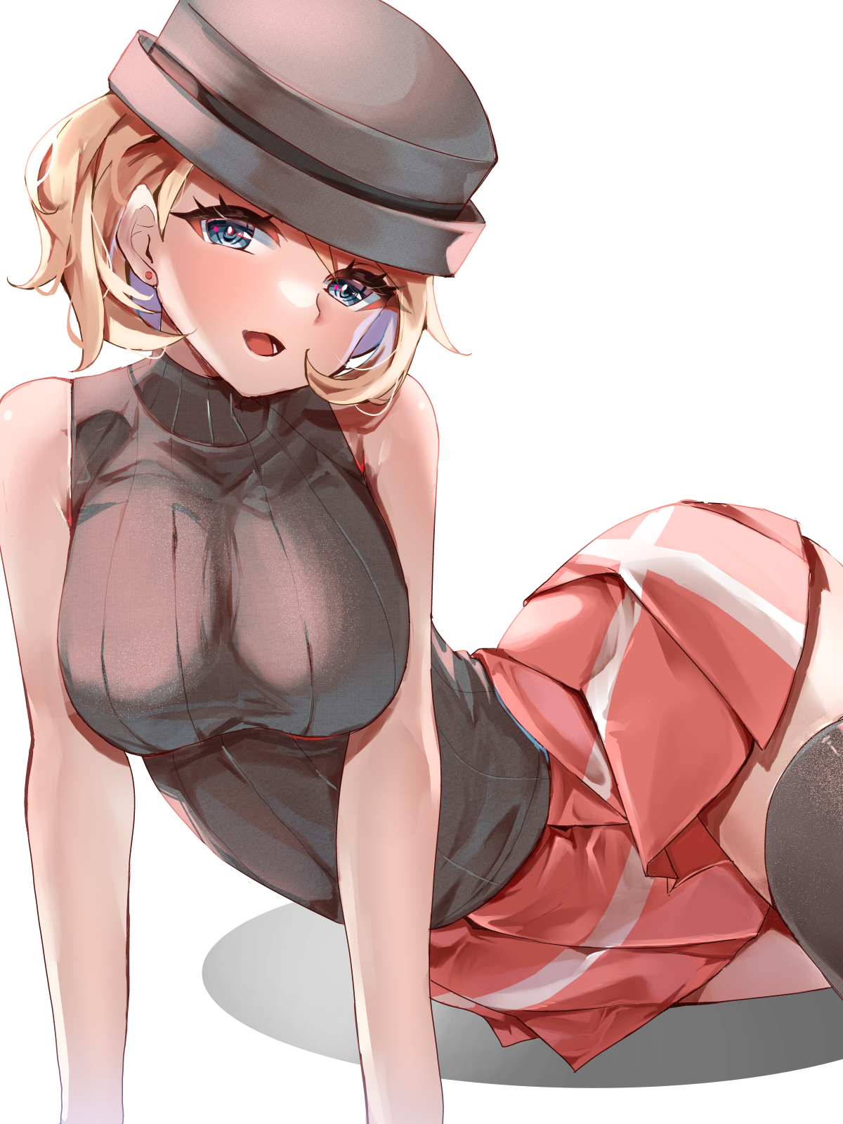 1girls, black headwear, blonde hair, blue eyes, breasts, earrings, female, highres, jewelry, large breasts, looking at viewer, momdy (talesshinja), nintendo, open mouth, pokemon, pokemon (anime), pokemon journeys, pokemon xy, red shirt, red skirt, serena (pokemon), shirt, short hair, simple background, skirt, sleeveless, solo