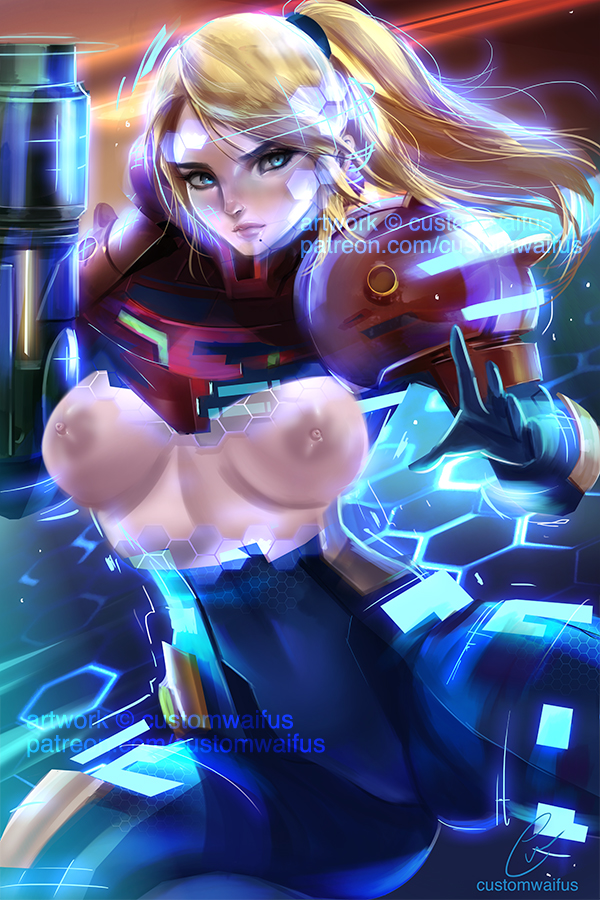 armor big_breasts blonde_hair blue_eyes customwaifus female gloves human metroid mole_under_mouth nintendo nipples no_bra panties ponytail power_suit samus_aran solo tagme toes varia_suit yellow_hair zero_suit_samus