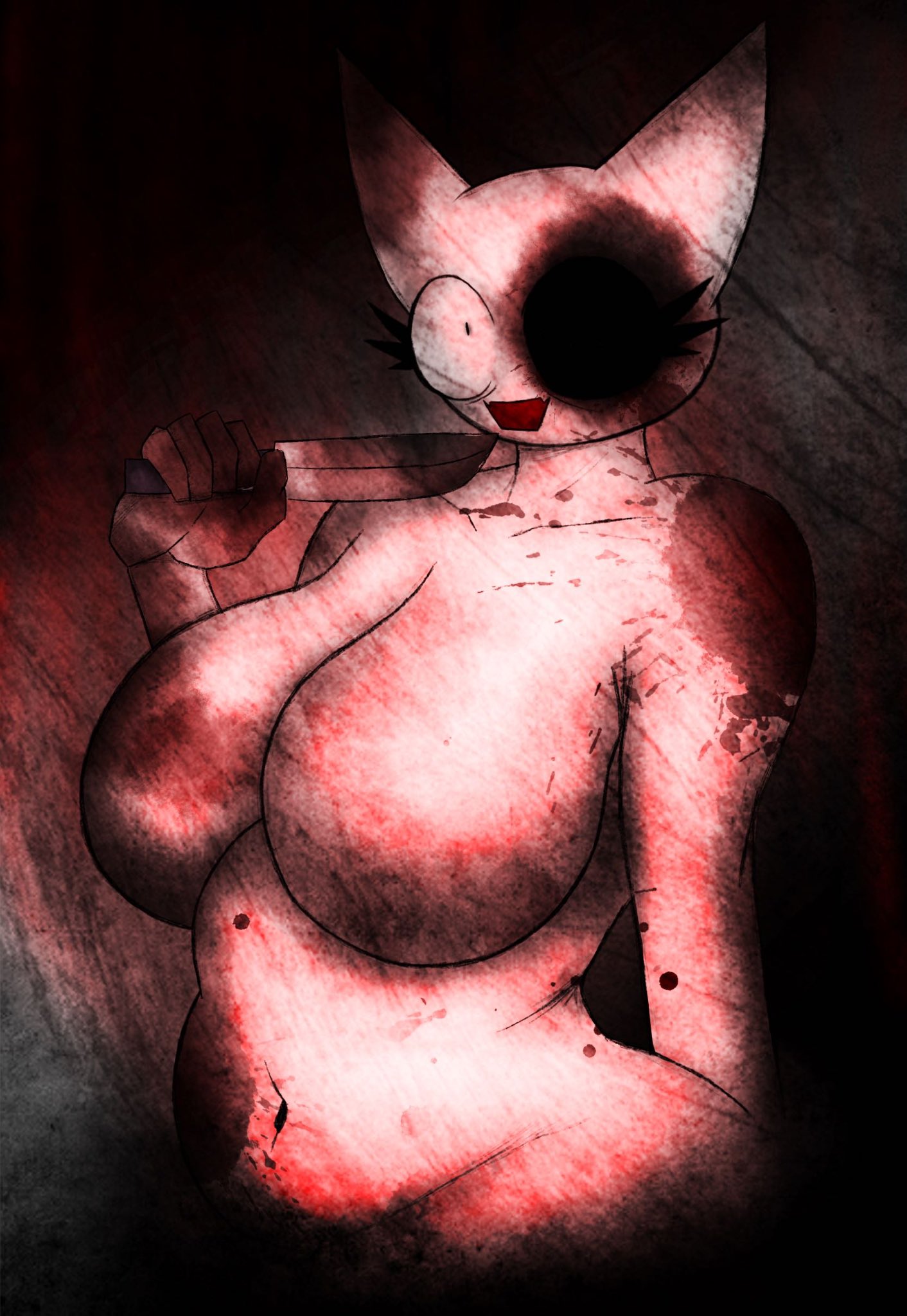1boy1girl, 2025, big breasts, blood on face, breasts out, color, crazy eyes, feline, femtanyl, gore, half body, hi res, knife, looking at viewer, napstasoul, no nipples, smile, smiling, tagme, token (femtanyl)