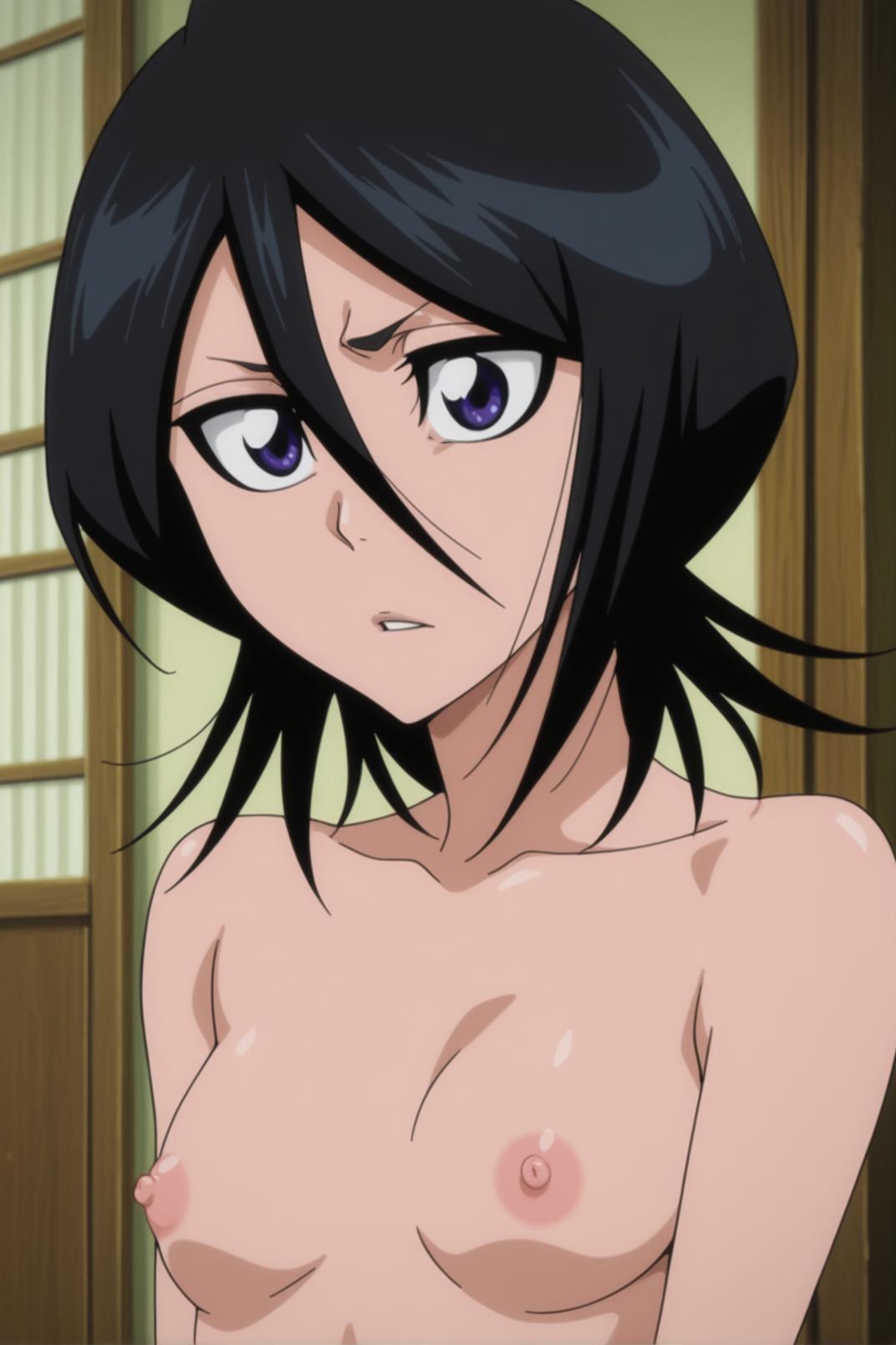 1girls, ai generated, black hair, bleach, breasts, female, female only, kuchiki rukia, naked, naked female, nude, nude female, petite, small breasts, solo, source removed