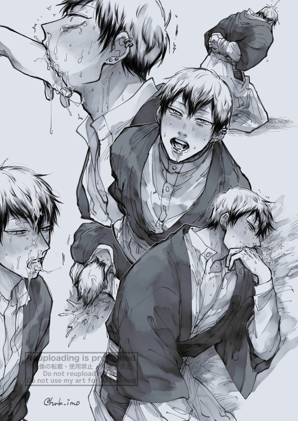 emetophilia, fingers in mouth, greyscale, jujutsu kaisen, male focus, multiple views, submissive, submissive male, tears, tied hands, vomit, vomit on ground, vomit on self, zenin naoya
