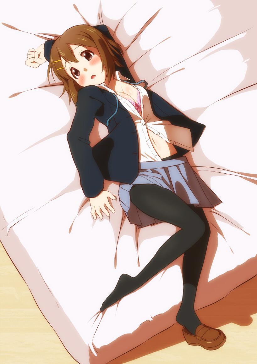 1girls, bra, female, k-on!, looking at viewer, majin (marcia), on bed, school uniform, skirt, solo female, solo focus, yui hirasawa (k-on!)