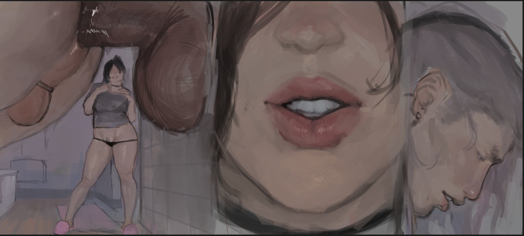 1girls, 2boys, anal, anal masturbation, anal penetration, brown hair, caught in the act, chastity cage, chastity device, choker, comic, couple, dark-skinned male, dildo, fatteacoffee, flat chastity cage, flat chastity device, lips, male, male focus, male penetrated, pubic hair, tagme