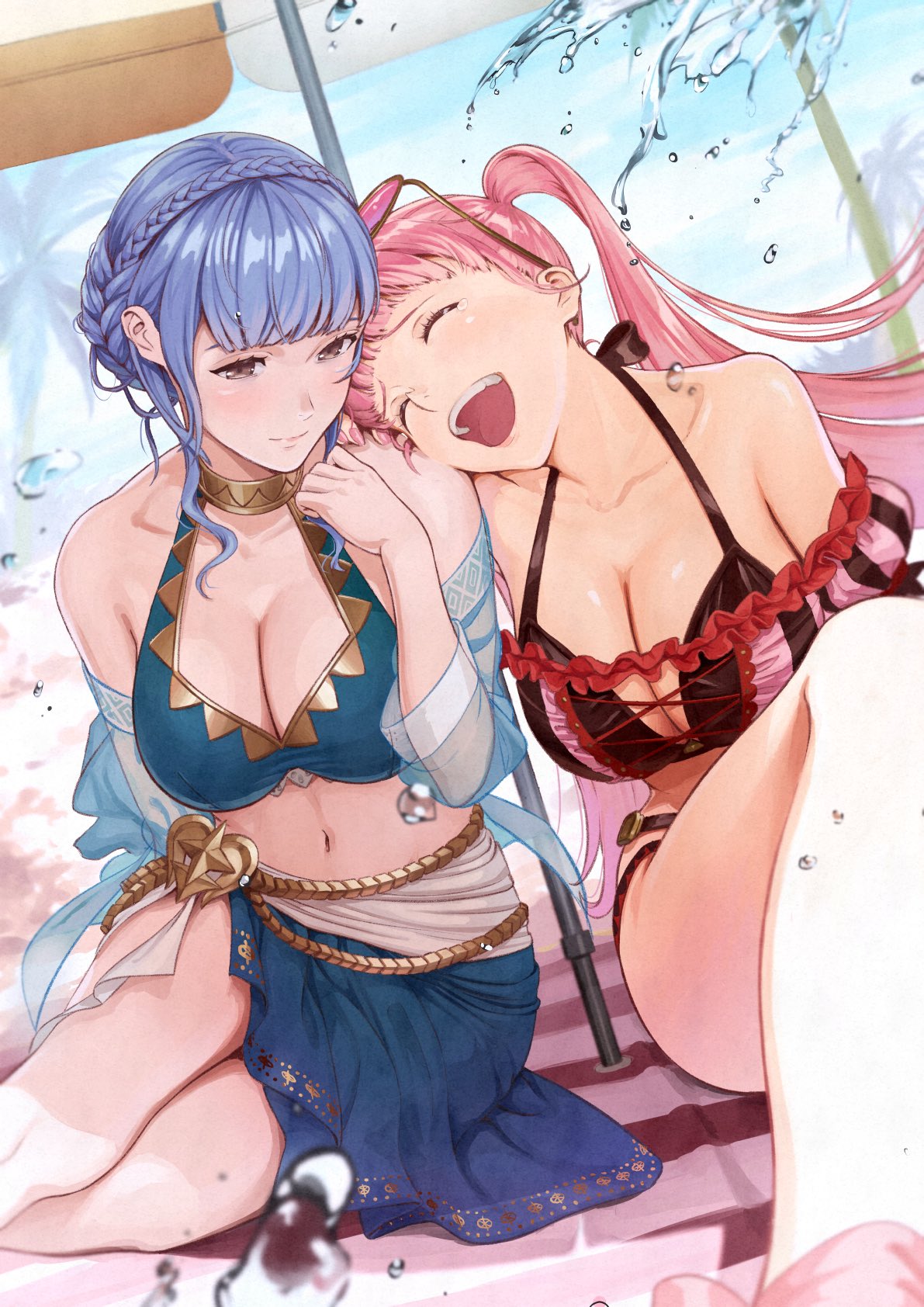 2girls, alternate costume, beach, beach mat, beach umbrella, bikini, blue bikini, blue hair, blunt bangs, braid, breasts, brown eyes, cleavage, closed eyes, closed mouth, cute, day, female, female focus, fire emblem, fire emblem heroes, fire emblem: three houses, french braid, highres, hilda valentine goneril, hilda valentine goneril (summer), large breasts, laughing, light blush, light smile, light-skinned female, long hair, marianne von edmund, marianne von edmund (summer), medium breasts, medium hair, mueririko, multiple females, multiple girls, navel, nintendo, open mouth, pink bikini, pink hair, sarong, shade, shadow, sitting, smile, sunglasses, sunglasses on head, sunlight, swimsuit, tears, twintails, umbrella, under umbrella, water drop, yokozuwari, yuri