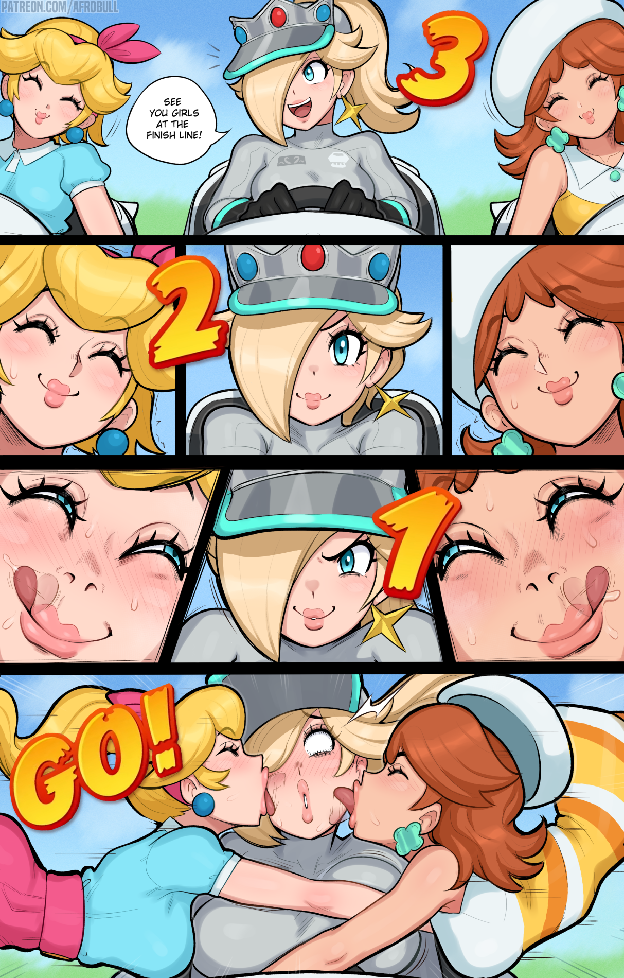 1girls, 2d, 2futas, afrobull, blonde hair, blue eyes, brown hair, cheek kiss, comic, english text, female, female focus, french kiss, futanari, human, human female, human only, incest, incest (lore), incestuous, intersex, kissing, kissing cheek, licking lips, light skin, light-skinned female, long hair, mario (series), mario kart, mario kart world, nintendo, ponytail, princess daisy, princess daisy (vacation), princess peach, princess peach (sightseeing), princess rosalina, princess rosalina (pro racer), siblings, sisters, sloppy kiss, yellow hair, yuri