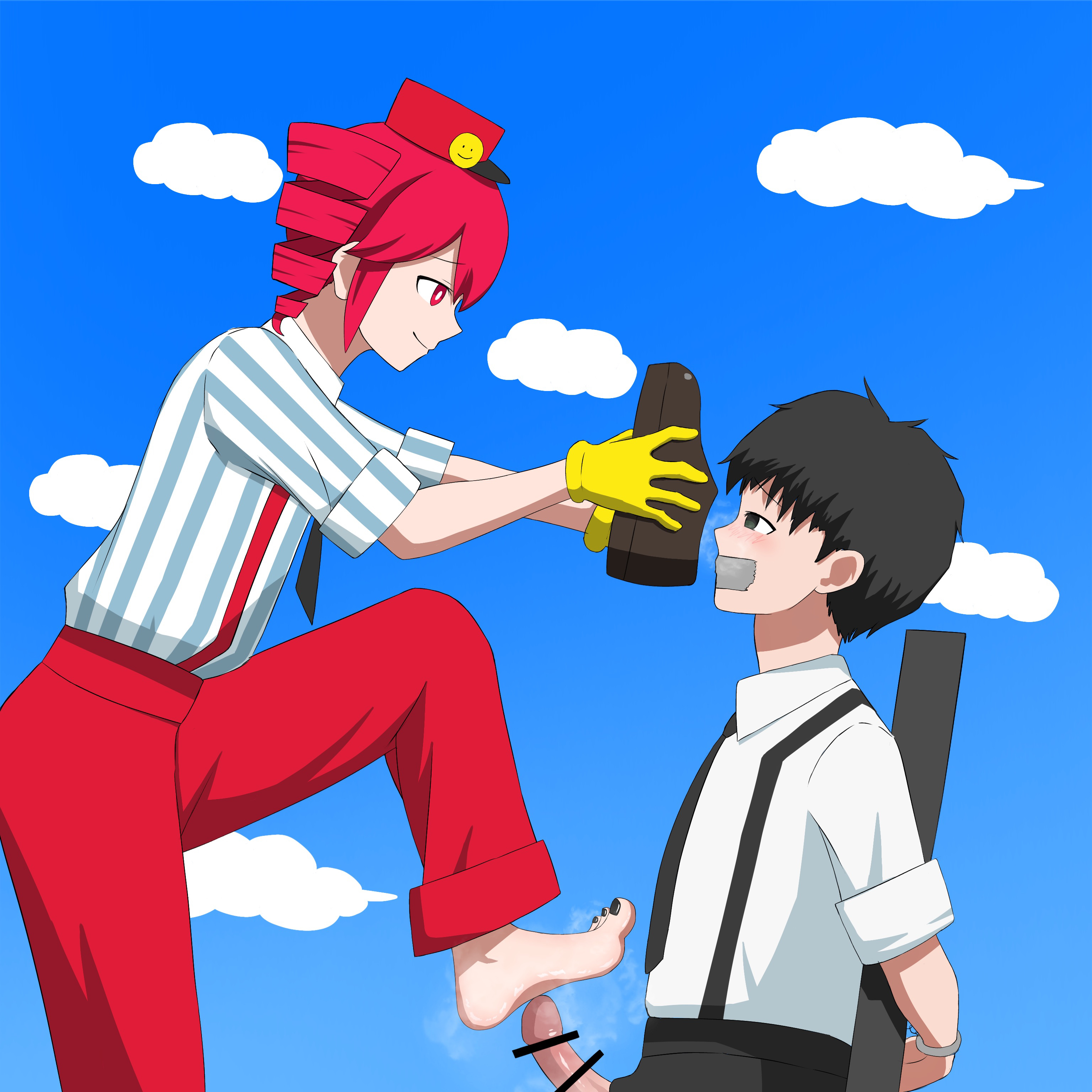 1boy, 1girls, 2d, 2d (artwork), black nails, censored, censored penis, clothed, clothed female, clothed male, clothed sex, clothing, eris (artist), feet, female, femdom, flat chest, foot fetish, footjob, fully clothed, hat, kasane teto, kasane teto (sv), male, mesmerizer (vocaloid), mesmerizer teto, musk, musk clouds, nail polish, necktie, painted nails, pants, penis, red eyes, red hair, restrained, sidelocks, simple background, smell fetish, smelling, smelling shoe, soles, straight, suspenders, synthesizer v, tape, taped mouth, twin drills, utau