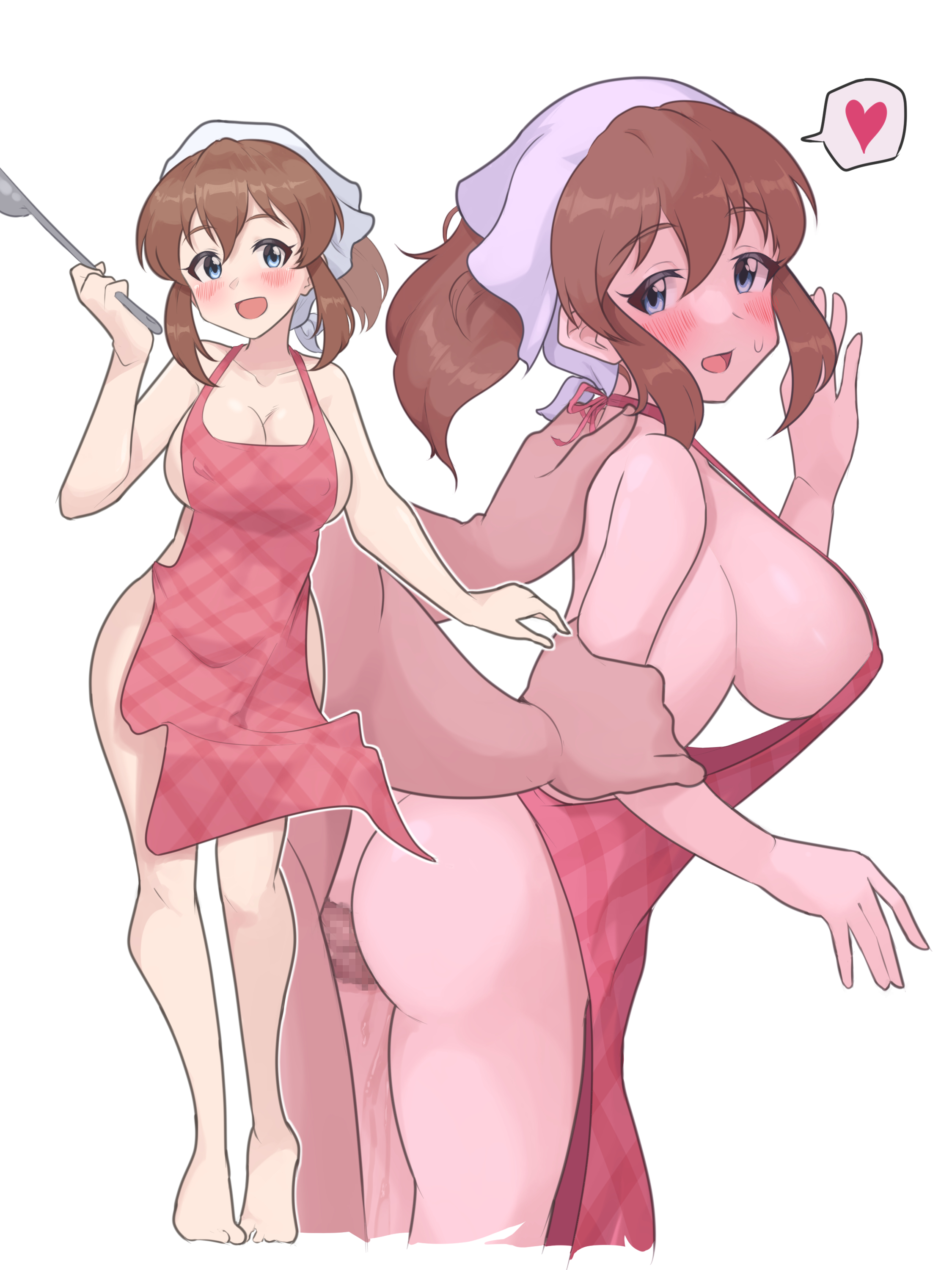 1boy, 1boy1girl, 1girls, apron, apron only, ass, ass cleavage, ass crack, back, bare ass, bare back, bare butt, bare calves, bare chest, bare hands, bare hips, bare knees, bare legs, bare midriff, bare shoulders, bare thighs, barefoot, blue eyes, blue-eyed female, blush, blush face, blushing female, blushing lines, breasts, breeding, brown eyebrows, brown hair, brown-haired female, busty, busty female, busty teenager, butt crack, collarbone, curvaceous, curvaceous body, curvaceous female, curvaceous figure, curvaceous hips, curvy, curvy body, curvy female, curvy figure, curvy hips, elbows, exposed arms, exposed ass, exposed back, exposed butt, exposed chest, exposed hips, exposed legs, exposed midriff, exposed shoulders, exposed skin, exposed thighs, exposed toes, female, female focus, fingers, from behind, groin, hair between eyes, half naked, half nude, heart, high resolution, highres, hourglass figure, idolmaster, idolmaster million live!, intercourse, knees, kuda r18, large breasts, lean figure, long hair, looking at viewer, looking sideways, looking to the side, male, midriff, naked, naked female, naked woman, narrow waist, nude, nude female, nudity, open mouth, open mouth smile, parted lips, ponytail, satake minako, semi nude, sex, sexual intercourse, short ponytail, shoulders, sideboob, simple background, slender body, slender waist, slim waist, smile, smiley face, smiling, smiling at viewer, standing, standing sex, straight sex, teenage female, teenager, the idolm@ster, the idolm@ster million live!, thick thighs, thigh gap, thighs, toes, tongue, upper body, white background, wide hips, young female, young woman