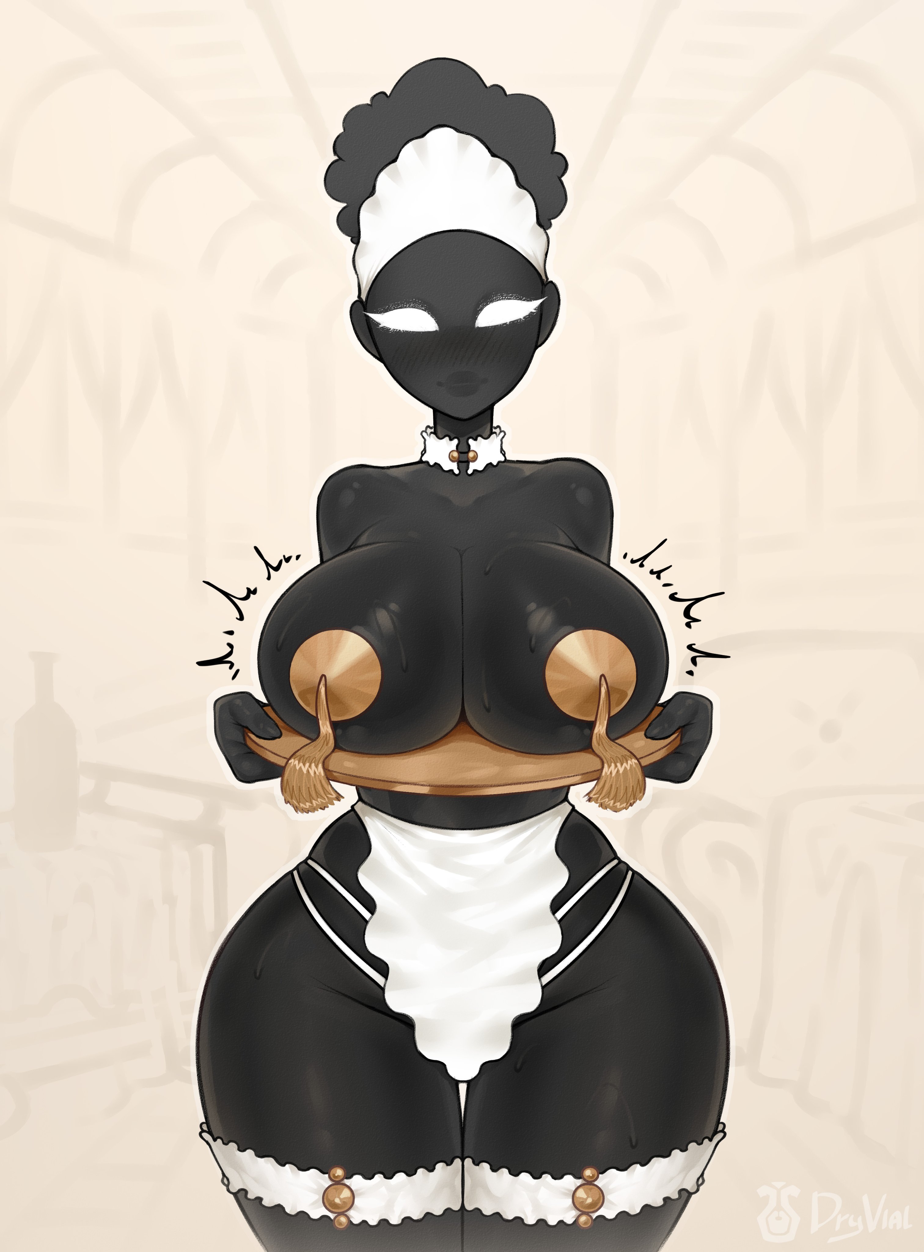 1girls, 2d, beholder (series), beholder conductor, big breasts, black body, breasts, dryvial, female, female focus, female only, large breasts, looking at viewer, maid, maid (beholder), maid headdress, nipple slip, nipple tassels, presenting breasts, solo, solo female, solo focus, textless, textless version