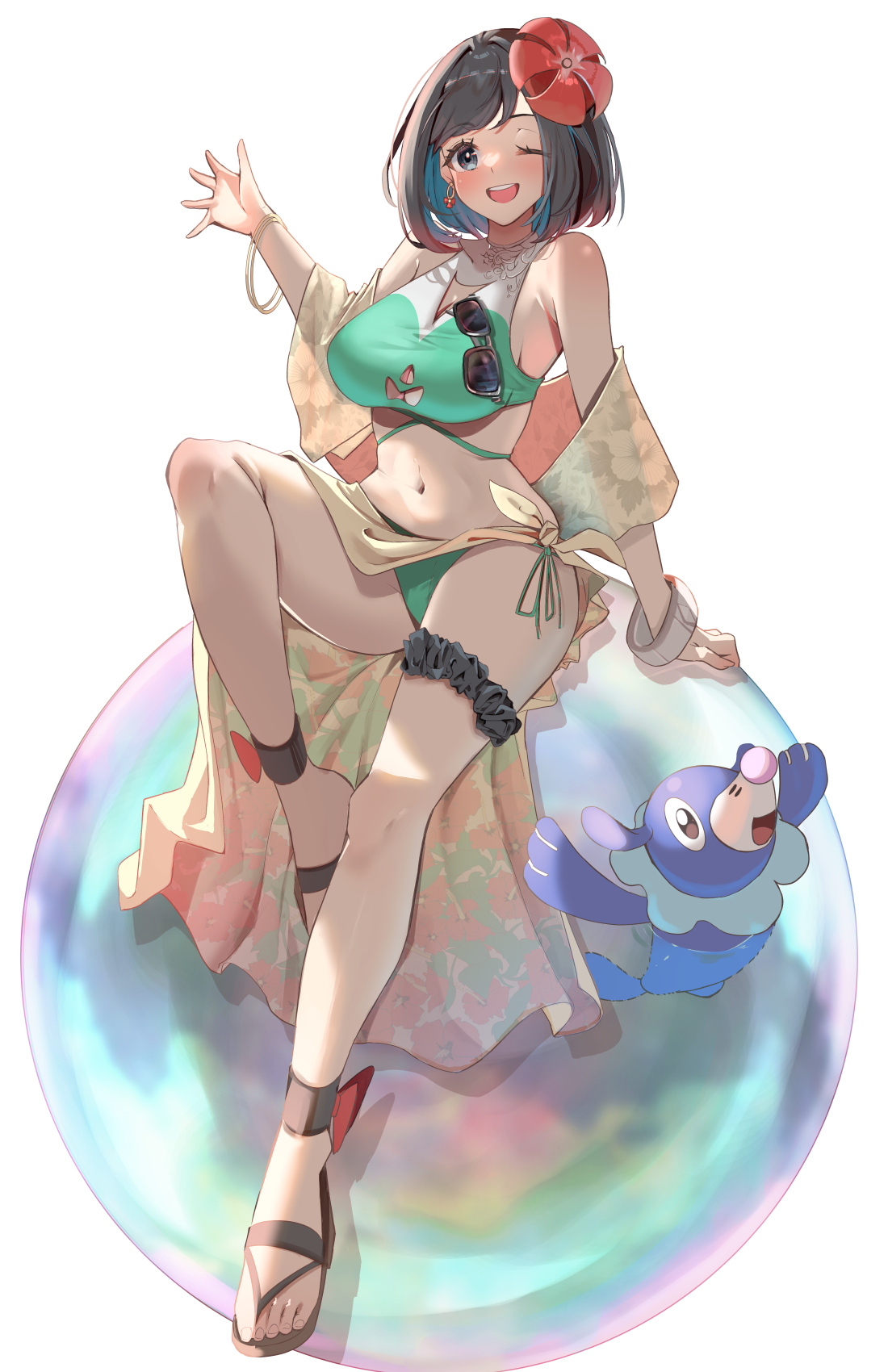 1girls, big breasts, bikini, breasts, female, game freak, highres, looking at viewer, momdy (talesshinja), nintendo, open toe footwear, open toe shoes, pokemon, pokemon sm, popplio, sandals, selene (pokemon), short hair, simple background, smile, swimsuit, white background, wink, winking at viewer