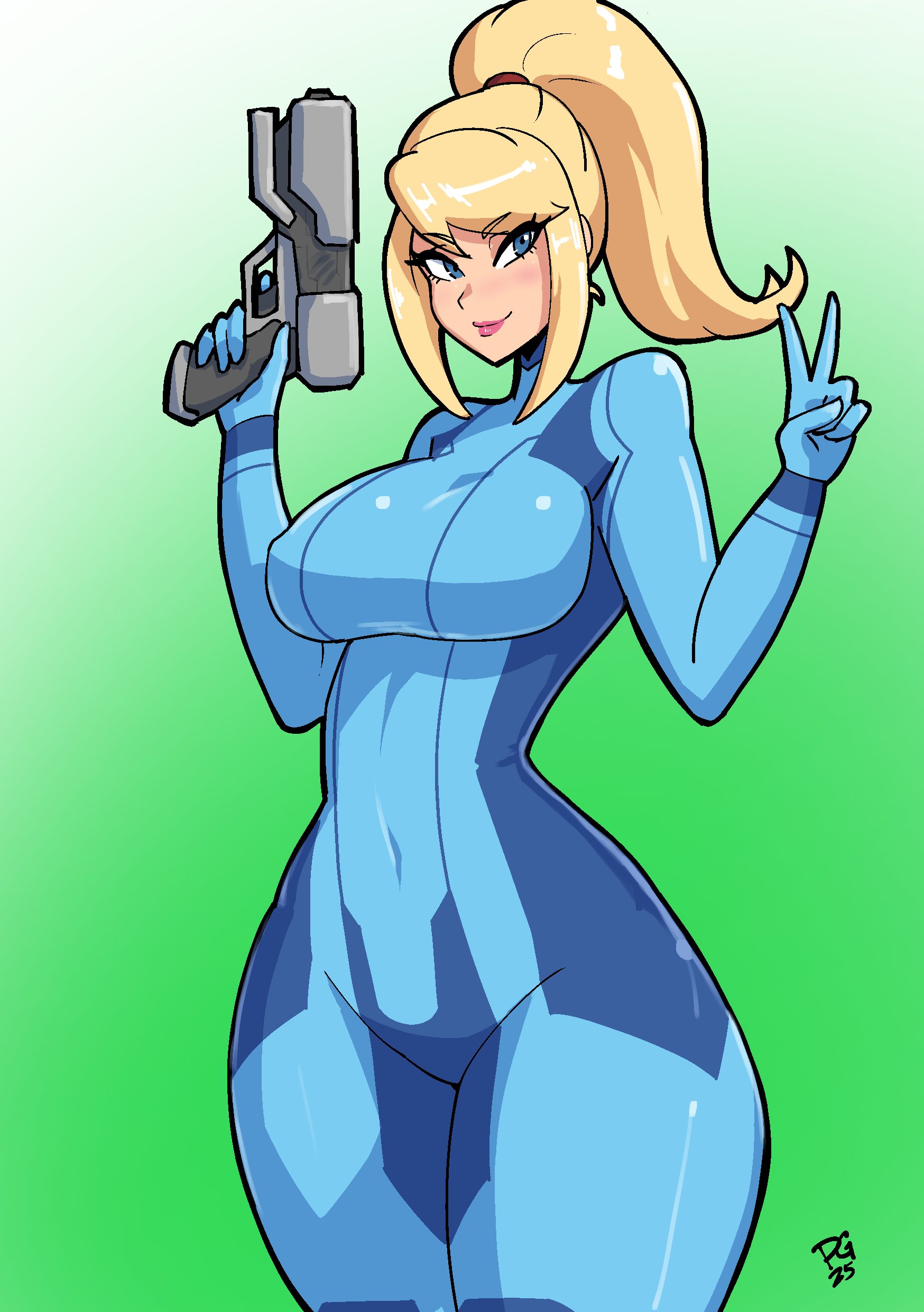 belly button visible through clothing, blonde hair, blue bodysuit, blue eyes, bodysuit, clothed, clothed female, curvaceous, curvy, curvy figure, female, fully clothed, gun, hourglass figure, impossible bodysuit, impossible clothes, metroid, nintendo, peace sign, pink lipstick, pistol, ponytail, pose, posing, samus aran, simple background, skinny waist, tagme, terrybrogard, thick thighs, tight clothing, v, zero suit, zero suit samus