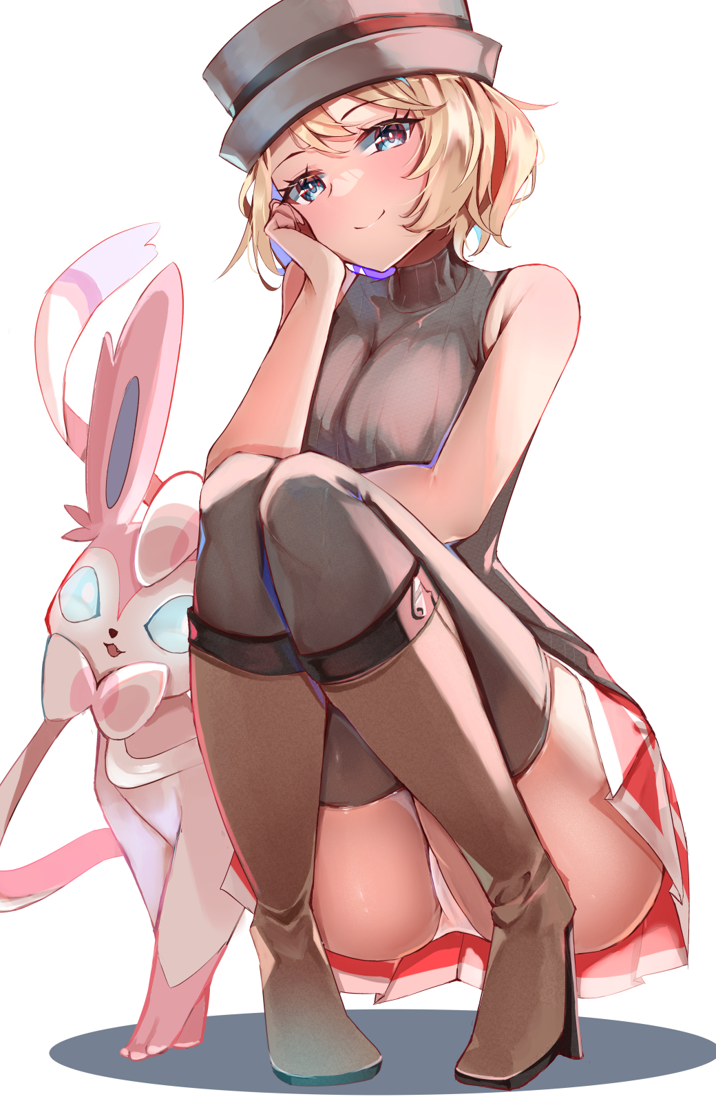 arm under breasts, bare arms, bare shoulders, black headwear, black shirt, black thighhighs, blonde hair, blue eyes, boots, breasts, brown footwear, closed mouth, commentary, elbow on thigh, female, full body, gen 6 pokemon, head rest, high heel boots, high heels, highres, knee boots, looking at viewer, medium breasts, miniskirt, momdy (talesshinja), nintendo, panties, pantyshot, pink skirt, pleated skirt, pokemon, pokemon (anime), pokemon (creature), pokemon journeys, pokemon xy, serena (pokemon), shirt, short hair, skirt, sleeveless, sleeveless shirt, smile, squatting, sylveon, thighhighs, turtleneck, underwear, white background, white panties