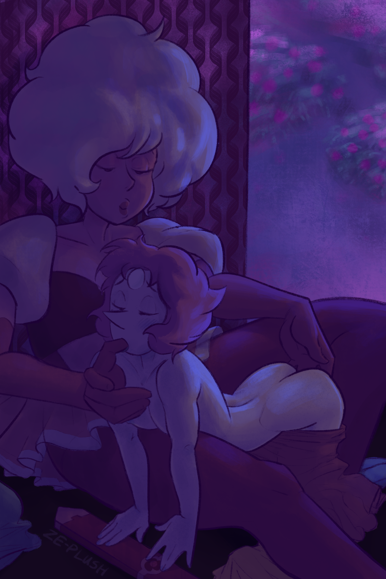2girls, bent over, cartoon network, closed eyes, closed mouth, clothed, diamond authority, female, female/female, finger sucking, fingering, gem (species), giantess, large female, lesbian, mini giantess, multiple females, multiple girls, pearl (steven universe), pink diamond (steven universe), pink dress, pink hair, scabbard, sitting, size difference, steven universe, thumb sucking, white hair, yuri, ze-plush