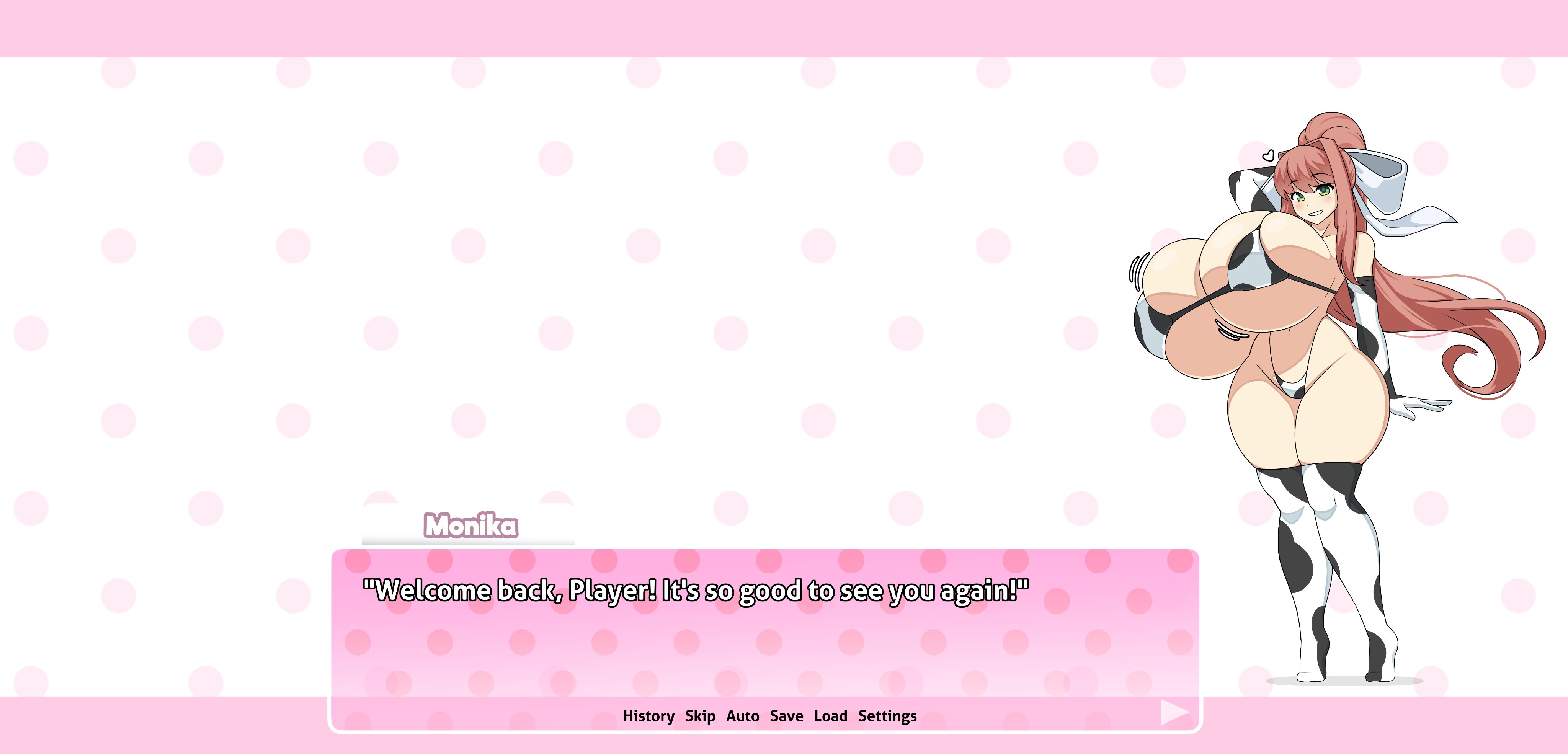 1girls, 2025, anime style, breast expansion, breast growth, breast growth (enlargement), breasts, breasts bigger than head, brown hair, color, cow print, doki doki literature club, female, female only, green eyes, hi res, high resolution, highres, human only, lactation, monika (doki doki literature club), moonika, sequence, sideboob, solo, solo female, takano (artist), thick thighs, thighs, underboob, white bow