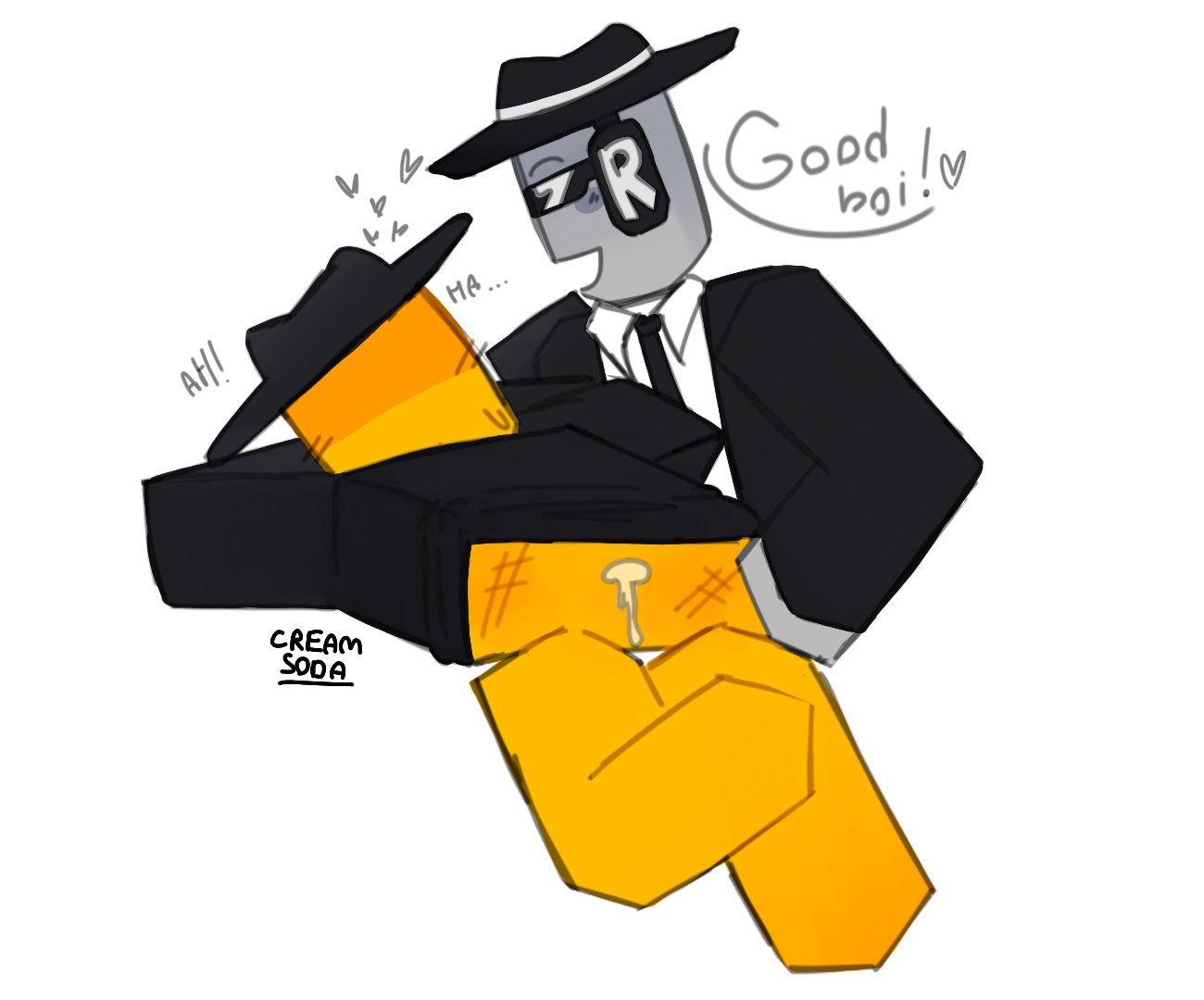 2boys, after sex, artist name, bent over, blocky body, blush, chance (forsaken), cream soda , dream game, facewear, fedora, forsaken (roblox), gay, glasses, gray body, grey skin, hat, headphones, headwear, heart, mafioso (dream game), mafioso (forsaken), male, open mouth, praise, praising, roblox, roblox game, robloxian, spank marks, text, text bubble, white background, yellow body, yellow skin