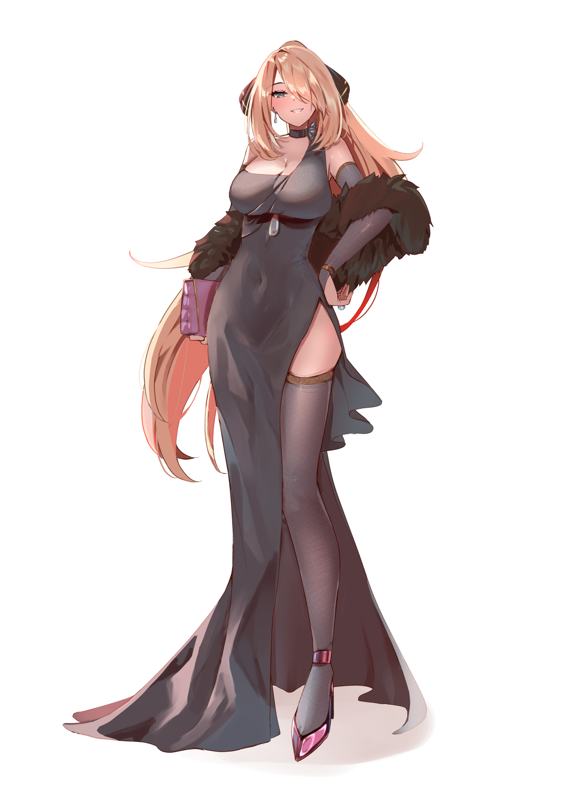 1girls, alternate costume, blonde hair, breasts, cynthia (pokemon), dress, female, full body, high heels, highres, large breasts, long hair, momdy (talesshinja), nintendo, pokemon, pokemon dppt, very long hair
