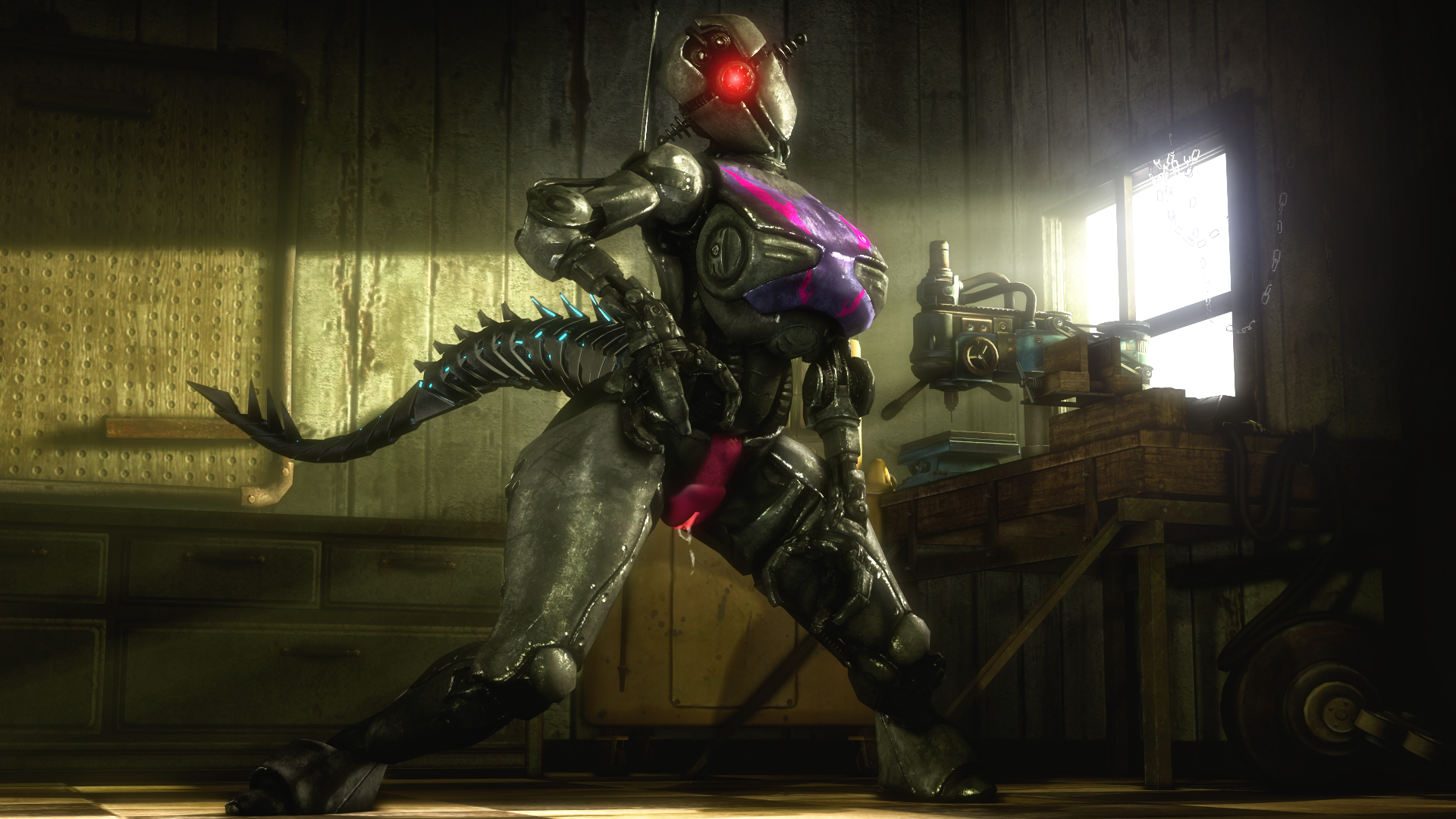 1girls, 3d, anthro, ass, assaultron, breasts, deathclaw, earless, eyebrowless, fallout, fallout 4, female, female only, fusion, huge ass, huge breasts, inside, lipless, machine, no artist signature, pervertguy341, pussy, robot, scalie, source filmmaker, thick thighs, video games, wet, wide hips