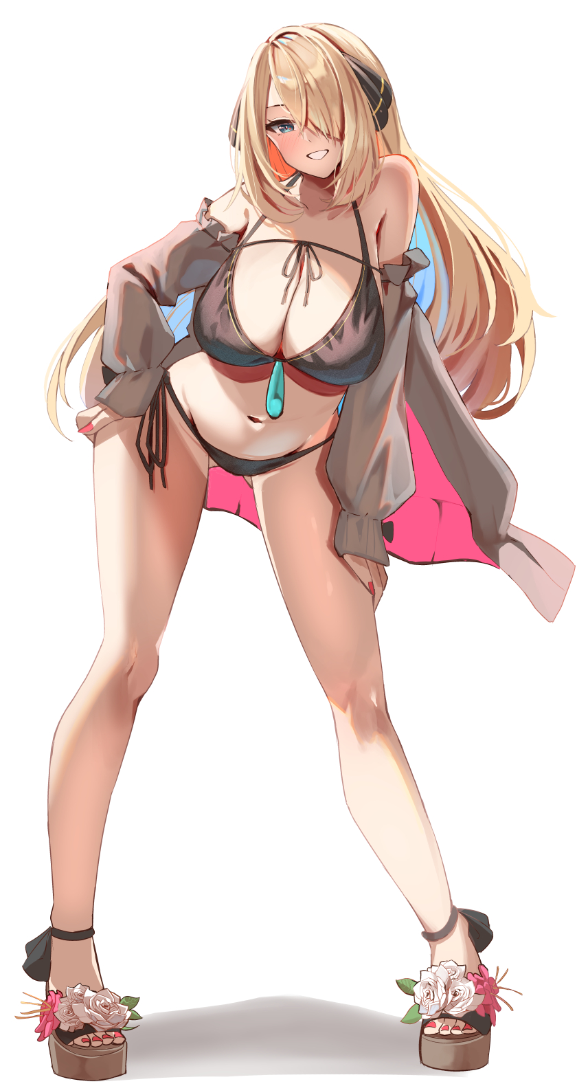 1girls, big breasts, bikini, black bikini, blonde hair, blush, breasts, cynthia (pokemon), female, full body, grey eyes, grey jacket, hair ornament, hair over one eye, halter bikini, halterneck, highres, jacket, leaning forward, long hair, looking at viewer, momdy (talesshinja), nail polish, nintendo, one eye covered, open clothes, open jacket, open toe footwear, open toe shoes, pink nails, pokemon, pokemon dppt, sandals, simple background, smile, solo, swimsuit, very long hair, wedge heels, white background