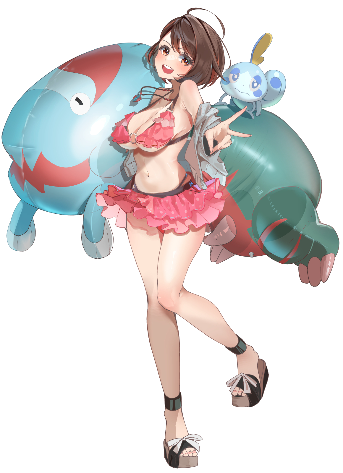 1girls, alternate costume, big breasts, bikini, breasts, brown hair, dracovish, female, feral, full body, gloria (pokemon), halter bikini, halterneck, high heel sandals, high heels, highres, human, looking at viewer, momdy (talesshinja), nintendo, off shoulder, open toe footwear, open toe heels, open toe shoes, platform sandals, pokemon, pokemon (creature), pokemon ss, ruffle bikini, sandals, simple background, sobble, swimsuit, v, wedge heels, white background