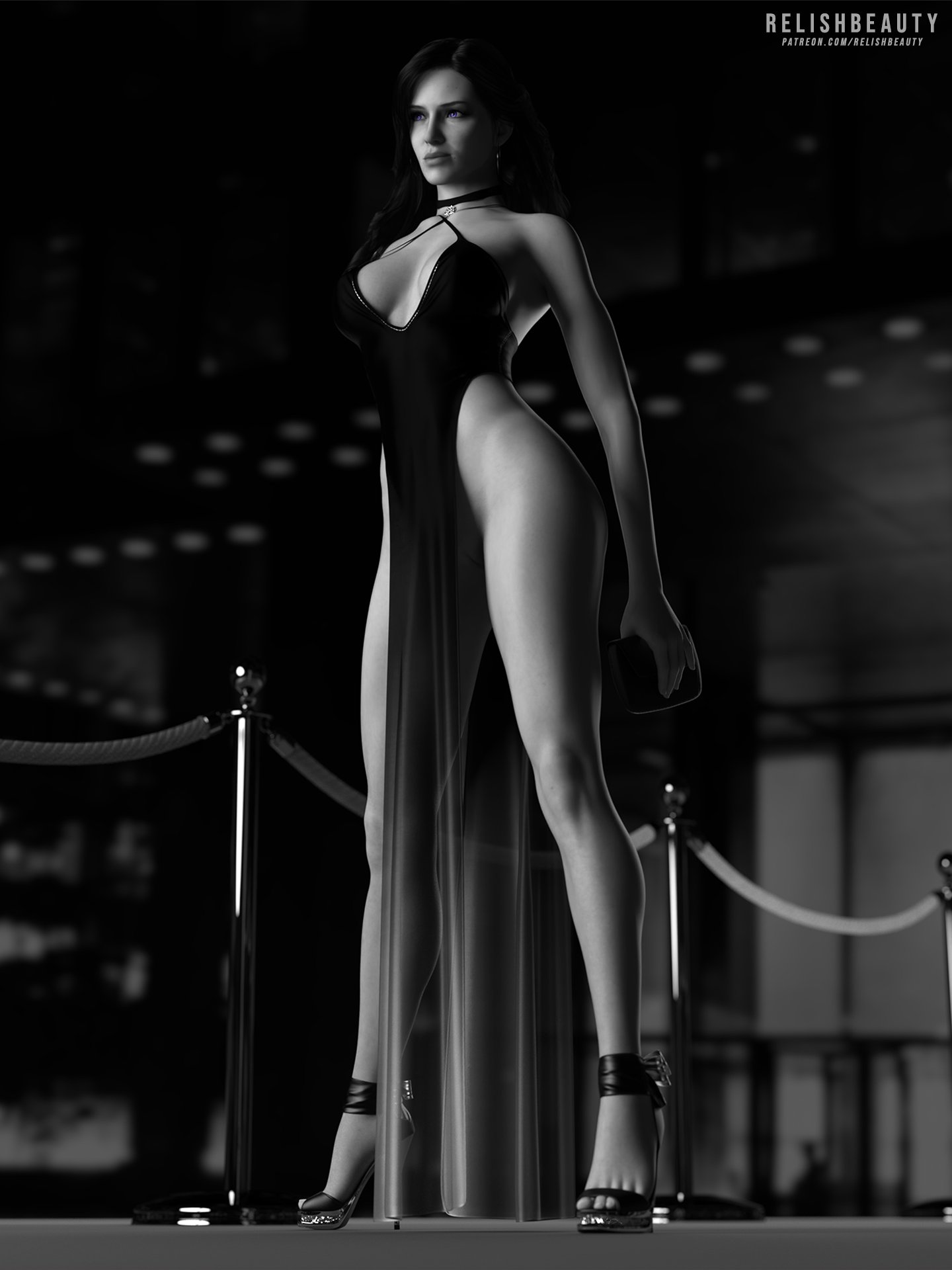 3d, black and white, black dress, black hair, cd projekt red, earrings, female, high heels, light-skinned female, mascara, no panties, purple eyes, pussy, relishbeauty, shaved pussy, solo, solo female, the witcher (series), the witcher 3: wild hunt, yennefer