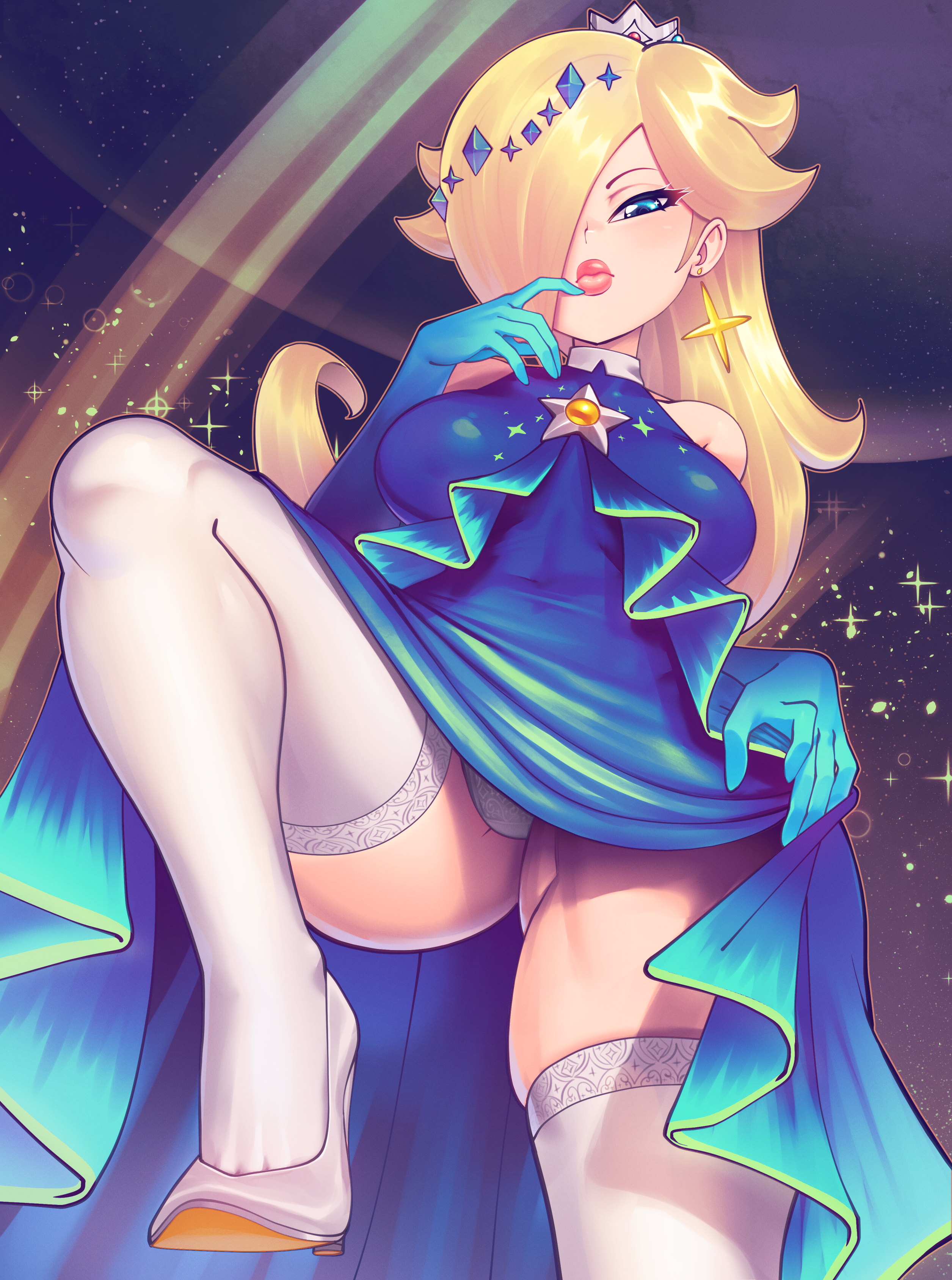 1girls, absurdres, alternate costume, blonde hair, blue dress, blue eyes, brooch, crown, dress, earrings, female, finger to mouth, gem hair ornament, gradient clothes, gradient dress, gradient gloves, hair over one eye, high heels, highres, jewelry, knee up, long hair, looking at viewer, mario (series), mario kart, mario kart tour, nintendo, official alternate costume, panties, panty peek, princess rosalina, princess rosalina (aurora), silver crown, star (symbol), star brooch, star earrings, supersatanson, thick lips, thighhighs, underwear, white thighhighs