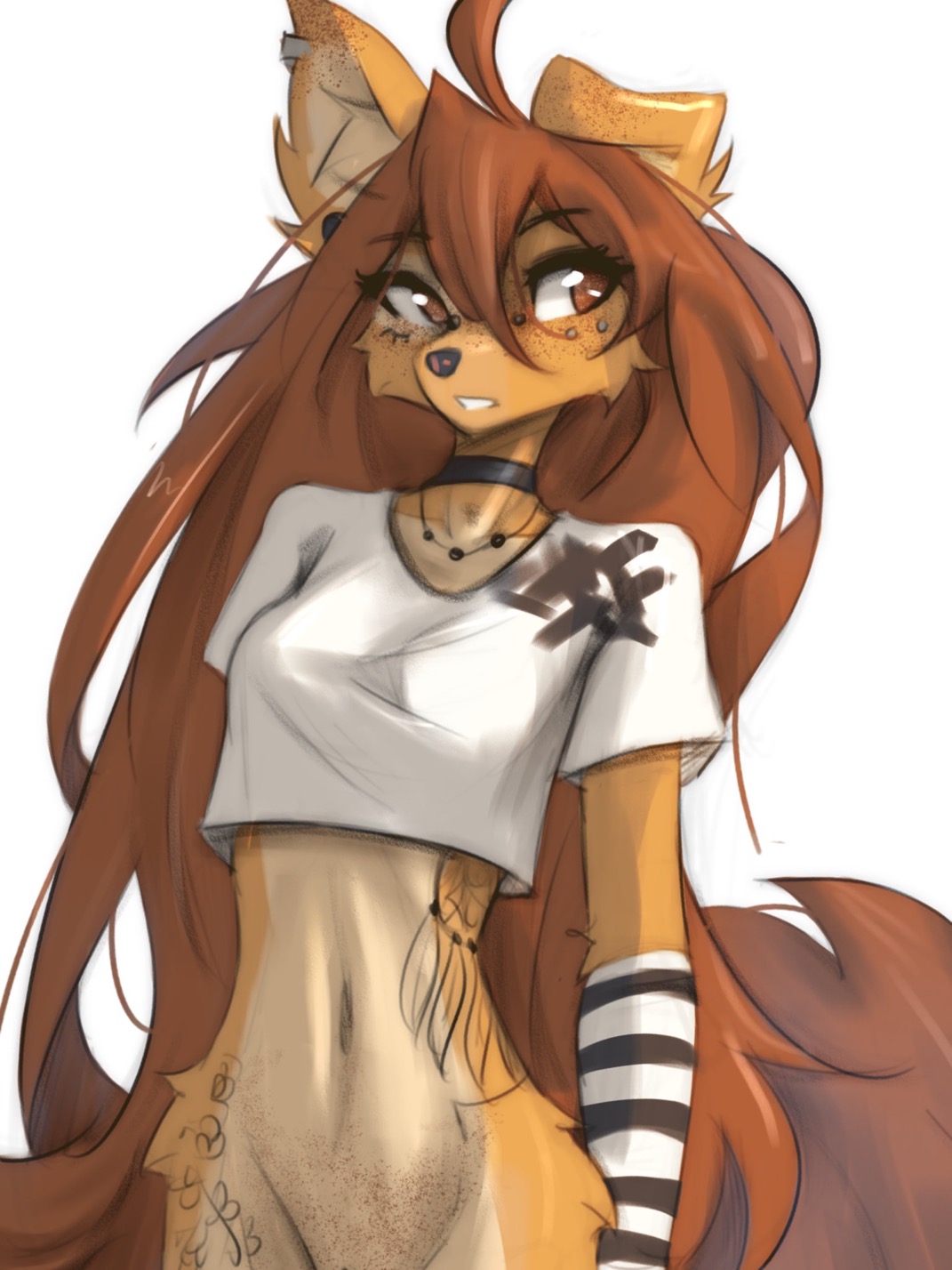 apogee (tinygaypirate), bottomless, breasts, female, female only, furry, long hair, medium breasts, no bra, no panties, shirt, short sleeves, solo, tinygaypirate