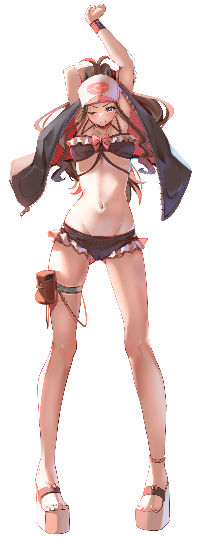 1girls, arms up, baseball cap, bikini, black bikini, black jacket, cameltoe, female, hat, high heel sandals, high heels, highres, hilda (pokemon), jacket, long hair, momdy (talesshinja), navel, nintendo, one eye closed, open toe footwear, open toe heels, open toe shoes, platform footwear, pokemon, pokemon bw, pouch, pussy, sandals, simple background, sleeveless, sleeveless jacket, solo, swimsuit, thigh pouch, wedge heels