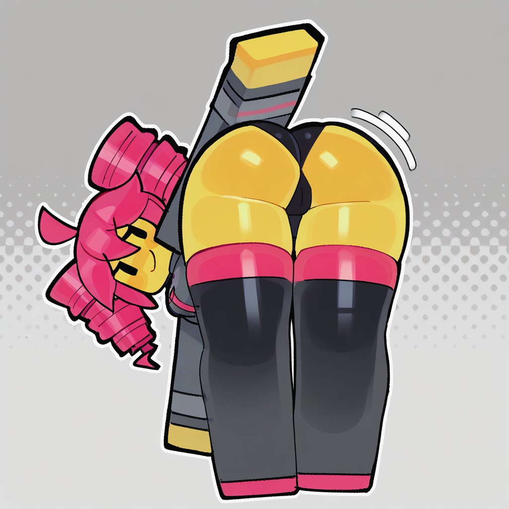 ai generated, ass, ass focus, bent over, black eyes, black leotard, black thighhighs, blocky body, cameltoe, clothed, collared shirt, drill hair, eyelashes, female, grey shirt, kasane teto, leotard, long sleeves, looking at viewer, mob face, motion lines, pixai, pussy, red hair, roblox, robloxian, synthesizer v, thick thighs, thighhighs, utau, wamudraws (artstyle), yellow skin