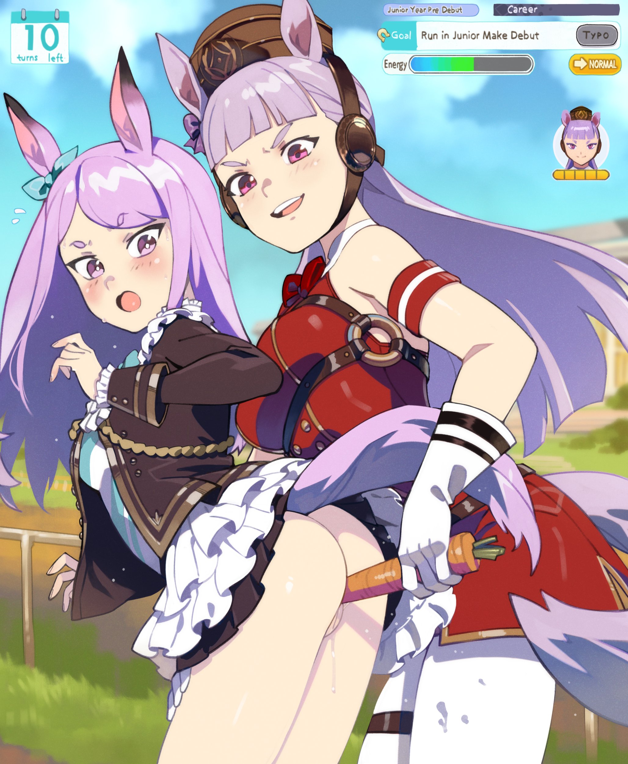 2girls, alternate version at source, alternate version available, anal, anal insertion, anal object insertion, anal penetration, bottomless, carrot, carrot in ass, clothed, clothing, exhibitionism, exhibitionist, female, female on female, from behind, from behind position, gold ship (umamusume), horse ears, horse girl, horse tail, lesbian couple, lesbian domination, lesbian focus, lesbian sex, mejiro mcqueen (umamusume), no panties, no pants, object in ass, object insertion, optionaltypo, public, public exposure, public indecency, public nudity, pussy, pussy juice, pussy juice drip, pussy juice string, pussy juice trail, pussy lips, sex toy in ass, sex toy insertion, small ass, standing, thick legs, thick thighs, umamusume, umamusume pretty derby, wet pussy, yuri