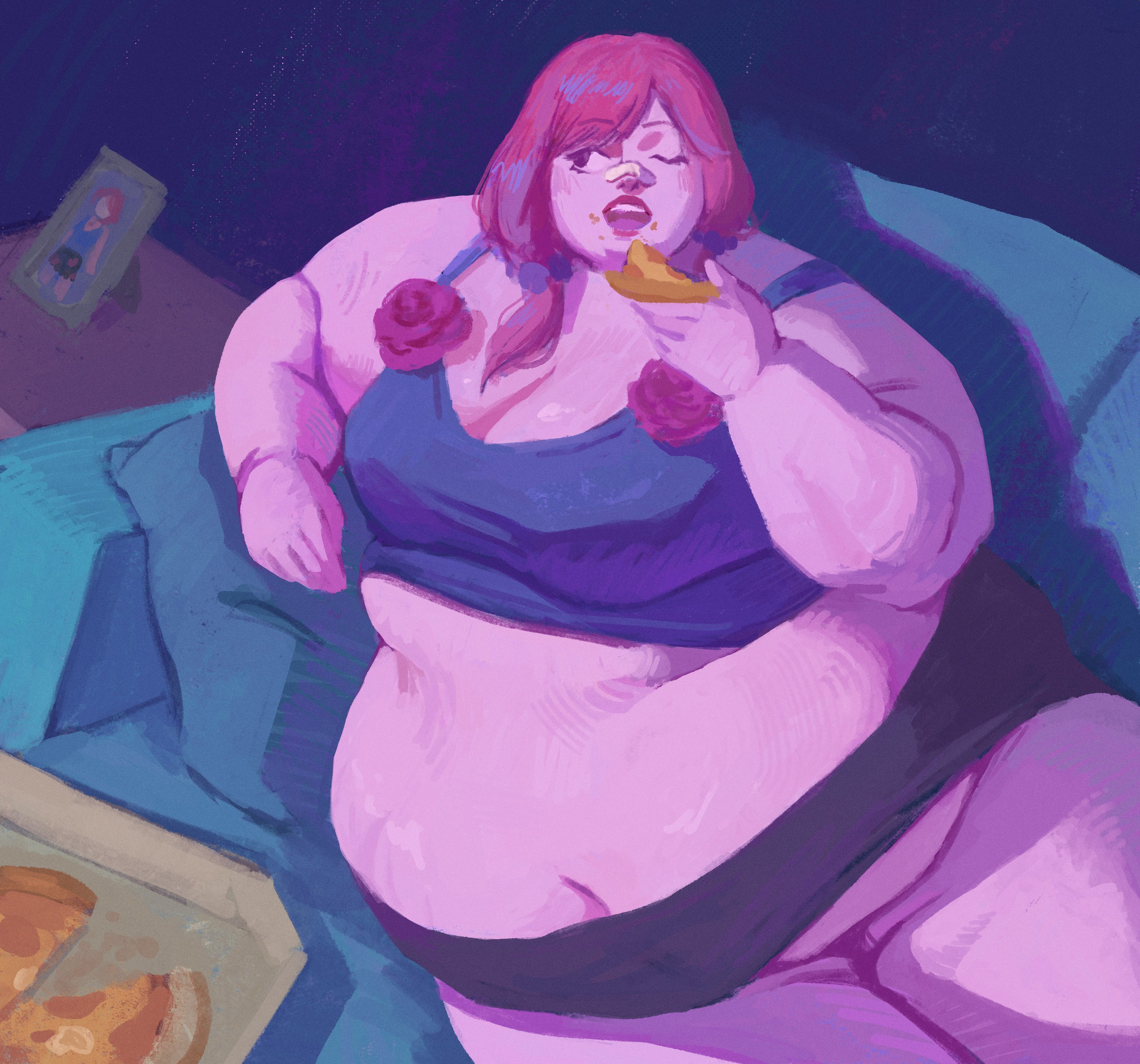 bbw, big belly, chubby, couch, eating, eating food, fat, fat female, female, huge belly, jojo's bizarre adventure, jojolion, laying down, obese, obese female, overweight, overweight female, pink hair, pizza, sizemologist, ssbbw, yasuho hirose