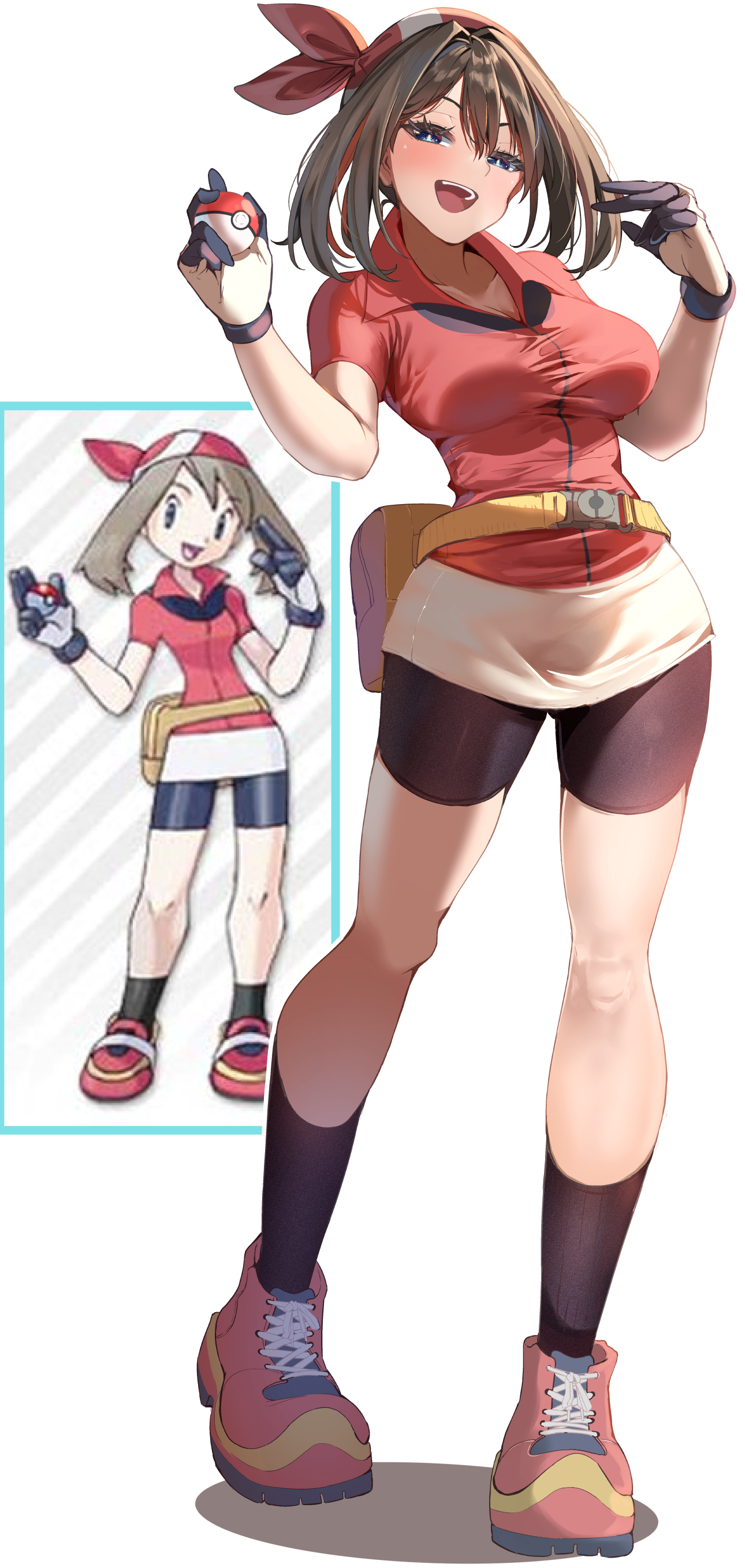 1girls, absurdres, bandana, bike shorts, bike shorts under shorts, black socks, blue eyes, blush, breasts, brown hair, fanny pack, female, gloves, highres, holding, holding poke ball, large breasts, looking at viewer, may (pokemon), momdy (talesshinja), nintendo, open mouth, poke ball, poke ball (basic), pokemon, pokemon rse, red bandana, red shirt, shirt, shoes, short hair, shorts, shorts under shorts, smile, sneakers, socks, solo