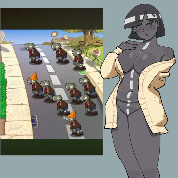 beige sweater, big breasts, black hair, blush, blush lines, breasts, chubby, chubby female, collarbone, colored skin, comparison, dark skin, female, hair over one eye, hand behind back, hand on own chest, humanized, looking away, nude, nude female, open clothes, plants vs zombies, road, road (pvz), screenshot, shitpost, short hair, sweater, sweater dress, tattoo
