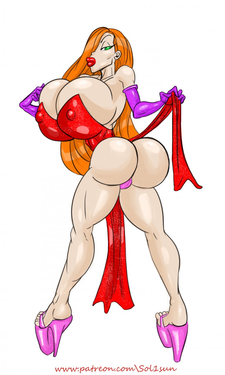 1girls, ass, ass crack, back view, bare shoulders, big ass, big breasts, big butt, bimbo, breasts, bubble ass, busty, butt crack, cleavage, curvy, disney, dress, elbow gloves, erect nipple, erect nipples, eyelashes, eyeshadow, female, female only, green eyes, hair over one eye, half-closed eyes, high heels, holding object, hourglass figure, human, jessica rabbit, lipstick, long hair, looking at viewer, looking back, makeup, nipple bulge, nipples, orange hair, pink panties, pose, posing, purple gloves, red dress, red lipstick, shiny, shiny skin, simple background, solo, spread legs, spreading, standing, sun1sol, thick lips, thong, underwear, voluptuous, white background, who framed roger rabbit, wide hips