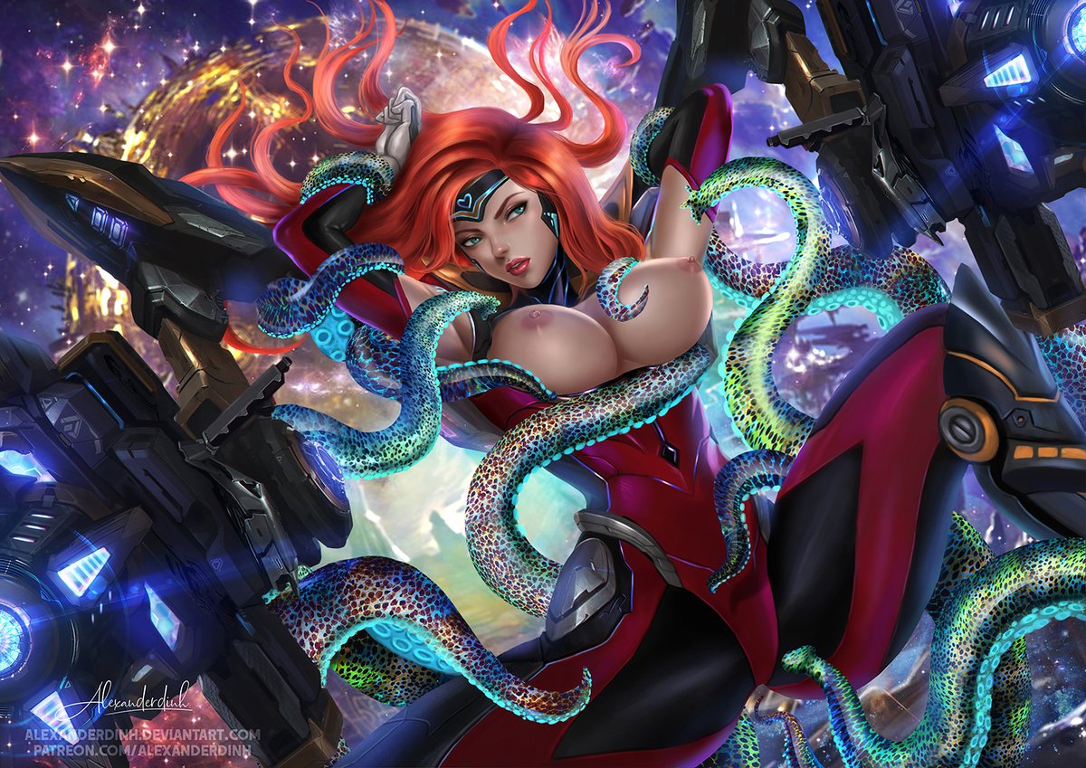 alexander_dinh areolae armpits arms_up blue_eyes blue_light bodysuit bound breasts circlet clothing female futuristic gloves glowing gun_goddess_miss_fortune league_of_legends long_hair miss_fortune nipples red_bodysuit red_hair red_lips red_lipstick restrained science_fiction skin_tight space spread_legs steel_valkyries_series tentacle