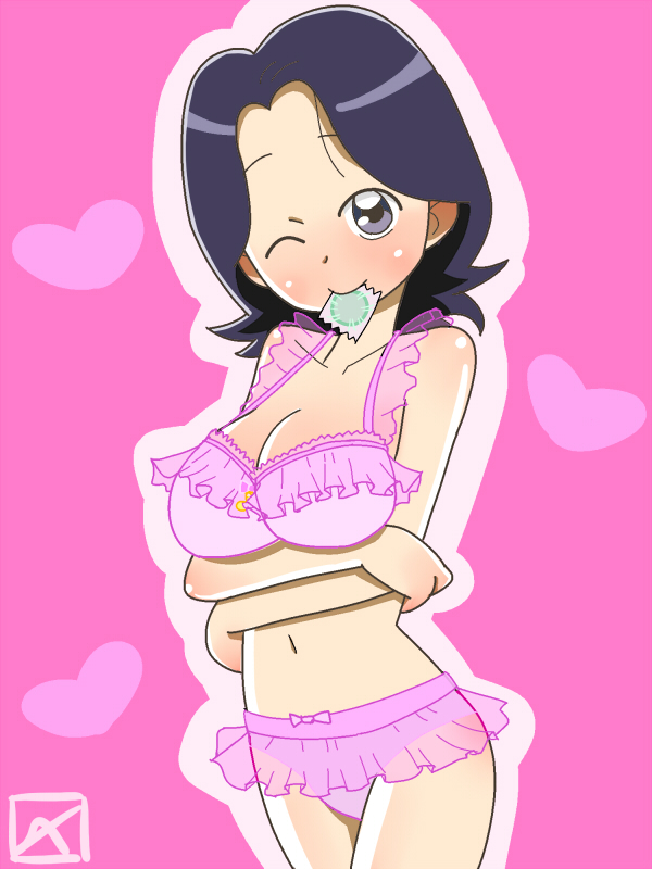 1girls artist_request ass black_hair blush bra breasts condom condom_in_mouth condom_wrapper cowboy_shot curvaceous female human kanako-sensei large_breasts light-skinned_female light_skin looking_at_viewer nude ojamajo_doremi panties short_hair solo teacher