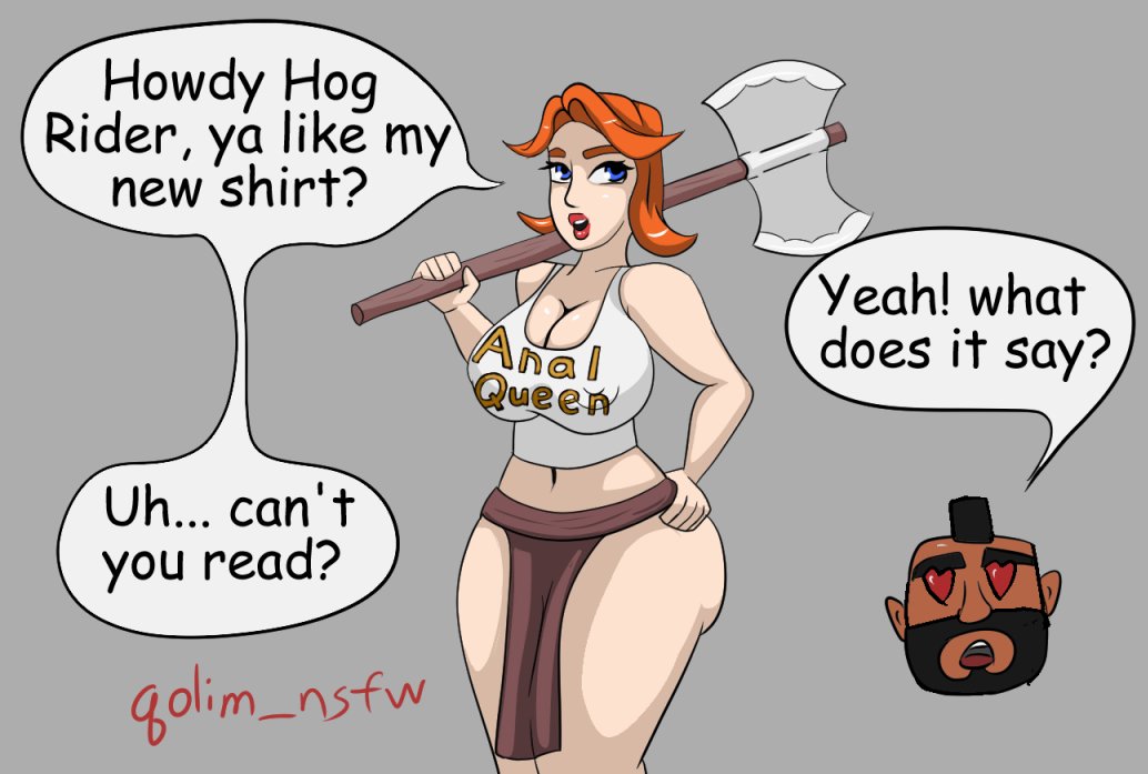 axe big_breasts clash_(series) clash_of_clans clash_royale clothed clothed_female clothed_male clothing comic english_text female fully_clothed fully_clothed_female fully_clothed_male hog_rider male pelvic_curtain qolim talking_to_another text valkyrie valkyrie_(clash_of_clans) voluptuous voluptuous_female