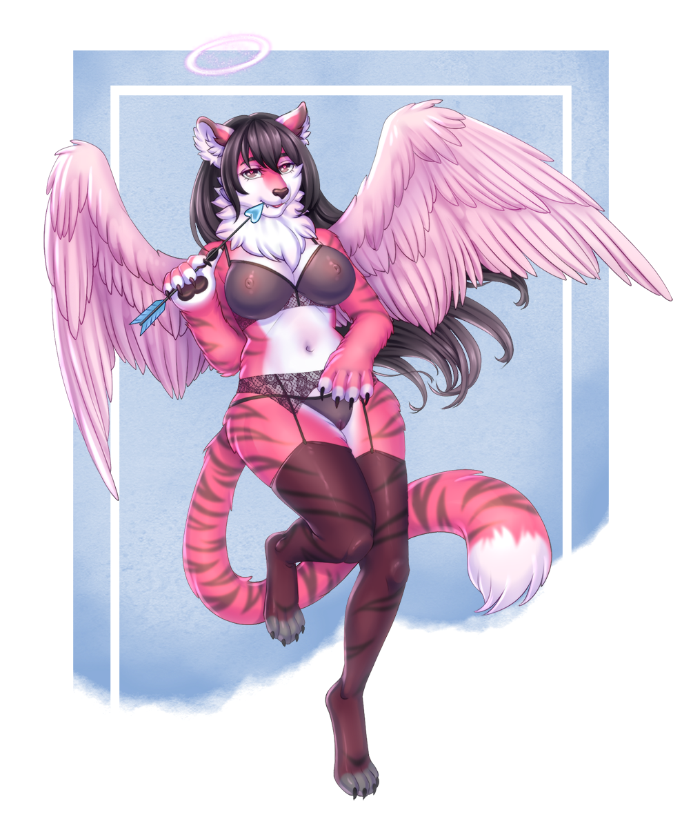 2021 4_toes 5_fingers anthro black_hair breasts clothed clothing digital_media_(artwork) eyebrows eyelashes feathered_wings feathers feet female fingers hair hi_res littlemomoko pink_body pink_feathers smile solo toes wings