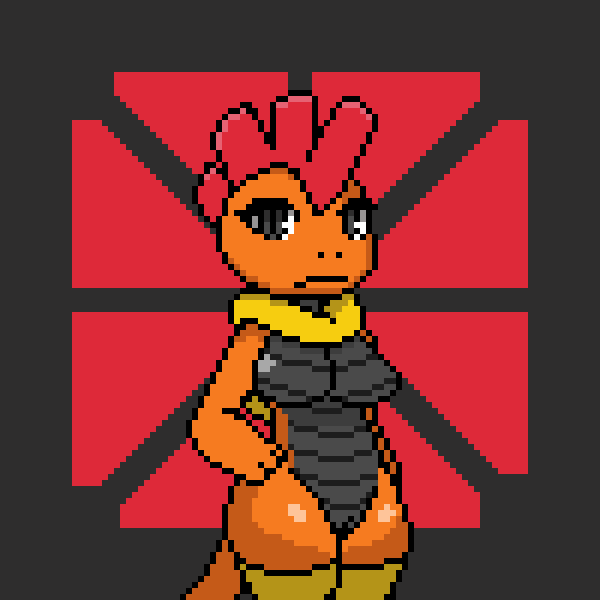 2019 3_fingers abstract_background anthro black_eyes black_scales breasts clothed clothing featureless_breasts female hand_on_hip imactuallygarbage legwear looking_at_viewer mostly_nude nintendo orange_scales partially_clothed pixel_art pokémon_(species) pokémorph pokemon pussy scales scrafty solo standing stockings thigh_highs video_games