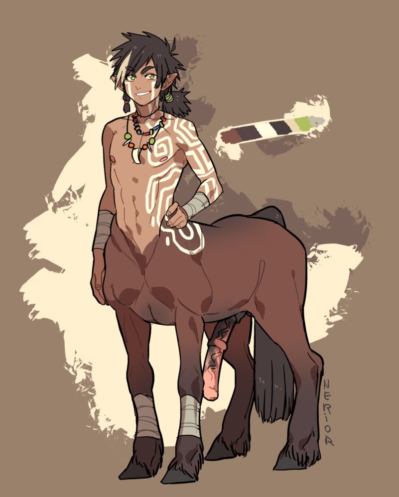 1boy arm_wraps black_hair centaur digital_media_(artwork) exposed_penis green_eyes horse_penis male male_focus male_only markings monster_boy necklace nerior nude penis reference_image smile solo standing tattoo taur tied_hair