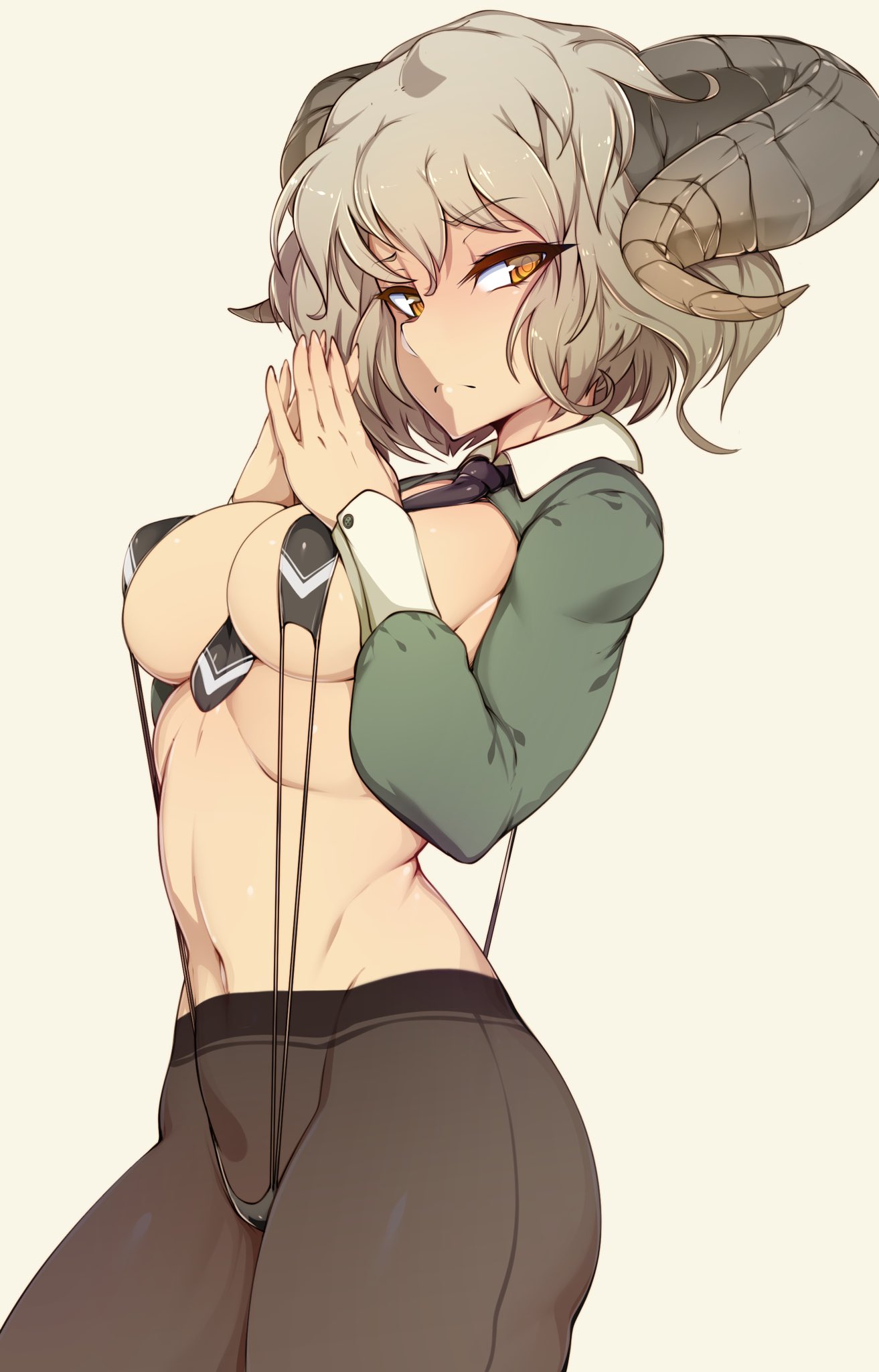 big breasts, breasts, cleavage, female, female only, horns, large breasts, pantyhose, slugbox, solo