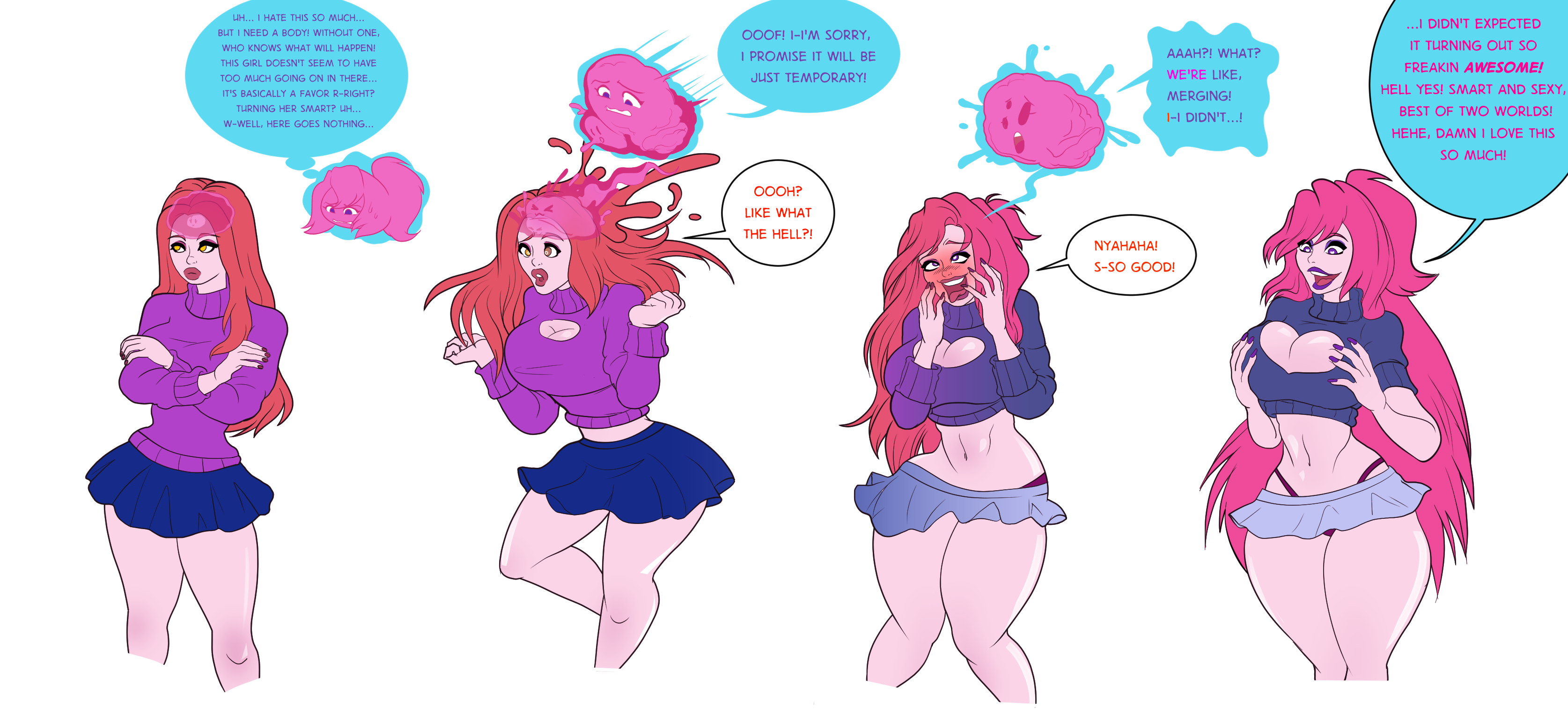 1girls, blue skirt, blush, breast expansion, breast growth, breast growth (enlargement), breasts, clothing, female, hugothetroll, knees together feet apart, legs together, long hair, merging, open mouth, original character, personality change, possession, shirt, skirt, spread legs, tongue, tongue out, transformation, wide hips