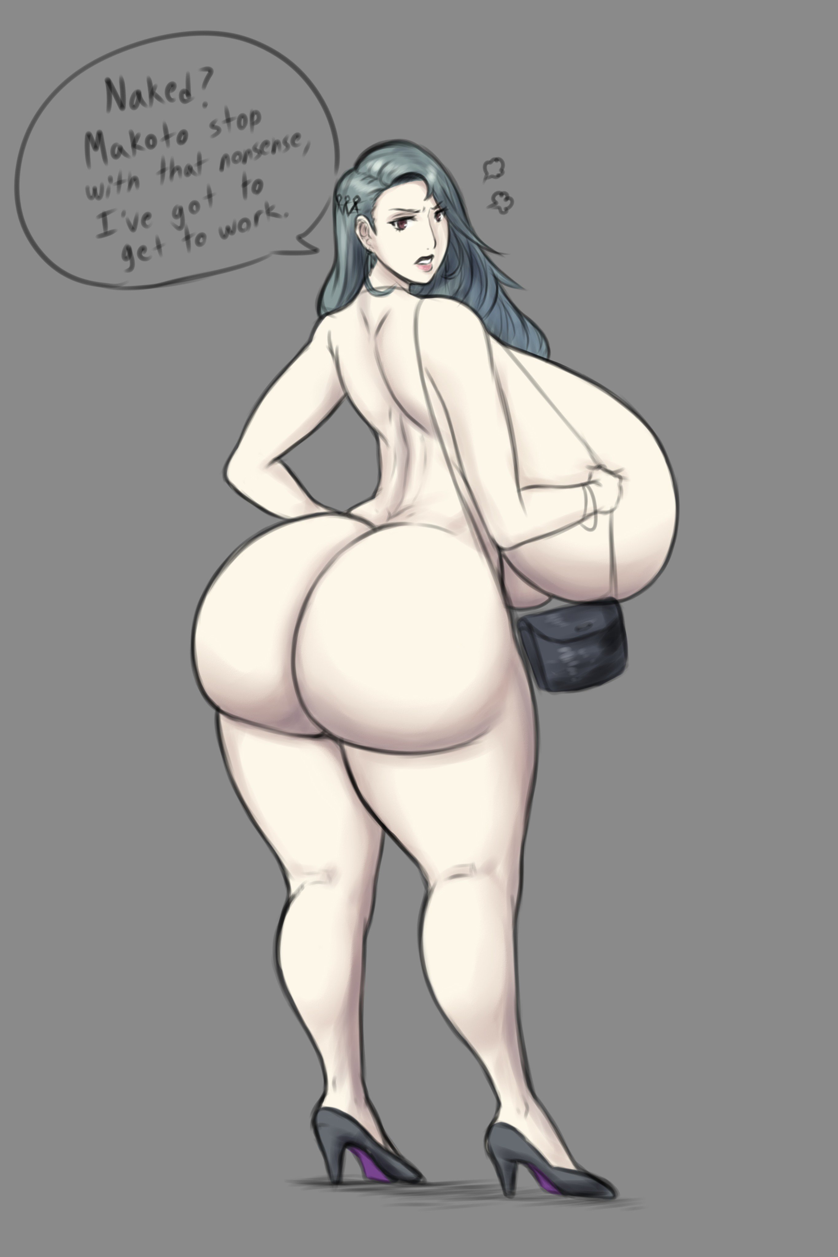 1girls, alternate ass size, alternate breast size, angry, annoyed, ass, atlus, breasts, curvy, english text, exposed, exposed ass, female, female only, franktonius, gigantic ass, grey hair, huge ass, hyper, hyper breasts, mature female, milf, naked, nude, nude female, persona, persona 5, purse, red eyes, sae niijima, solo, text, text bubble, thick thighs, unaware