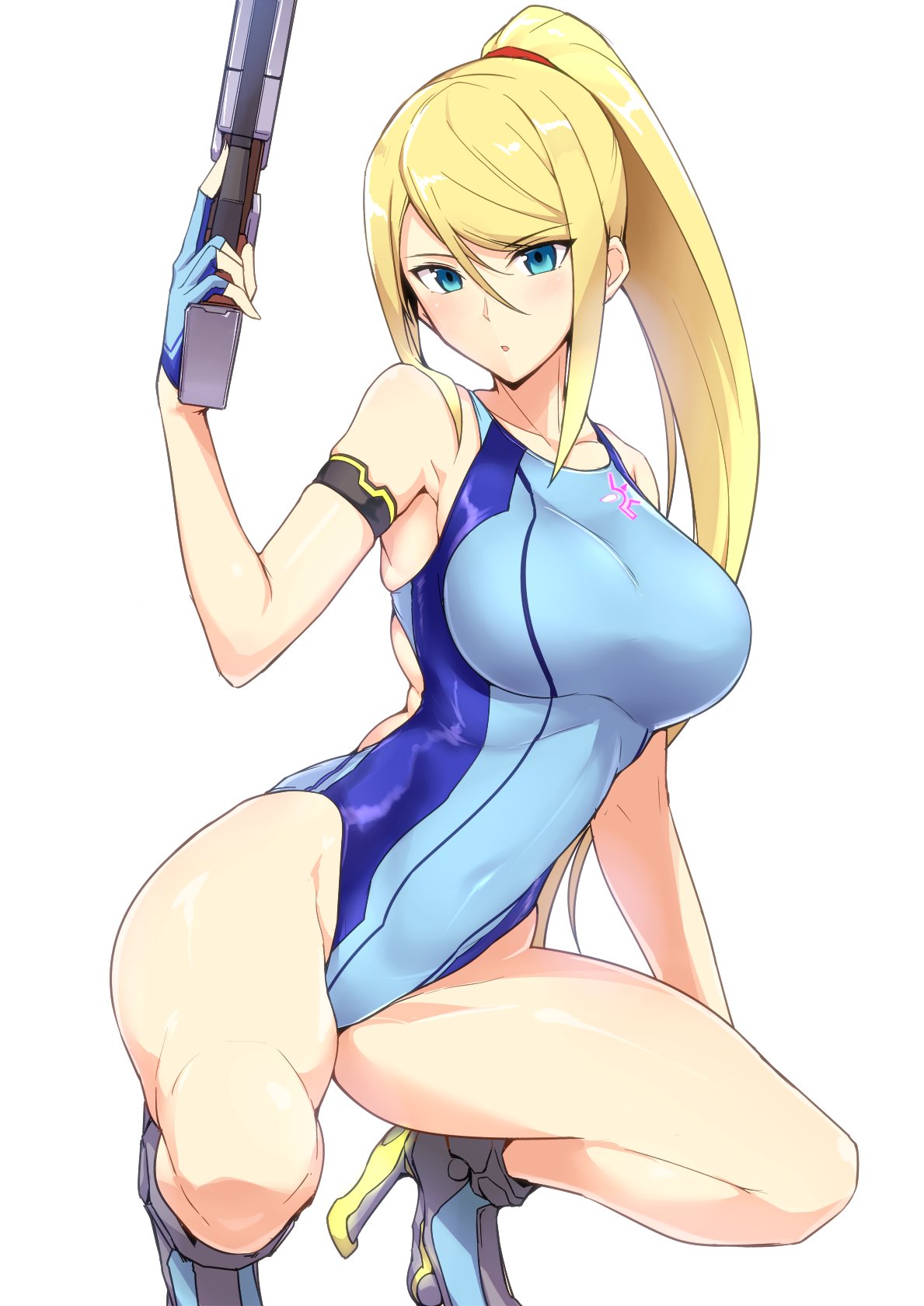 big breasts, blonde hair, blue eyes, breasts, female, gun, high heels, looking at viewer, metroid, nintendo, samus aran, sidelocks, squatting, tagme, weapon, zero suit