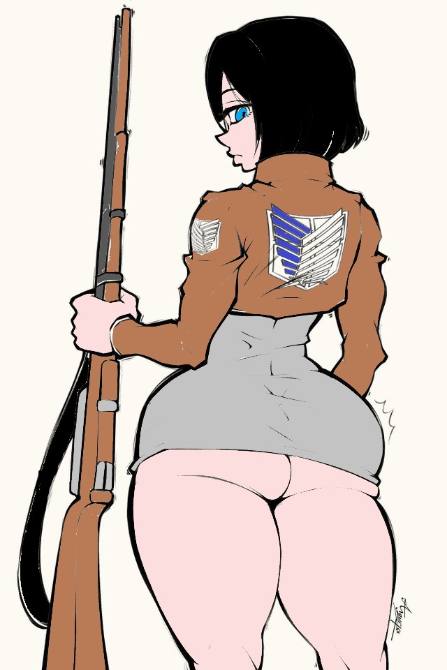 1girls, anguriask, ass, attack on titan, big ass, big butt, blue eyes, curvy figure, female, female only, mikasa ackerman, no panties, shingeki no kyojin, short hair, short skirt, solo, thick ass, thick thighs