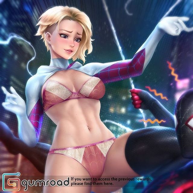 1girls, asymmetrical hair, belly, blonde hair, bra, eyebrow piercing, female, gwen stacy, gwen stacy (spider-verse), male, marvel, marvel comics, miles morales, neoartcore, panties, spider sense, spider-gwen, spider-man (miles morales), spider-man (series), spider-man: into the spider-verse, straight hair, superhero, superhero costume, superheroine, unseen male face