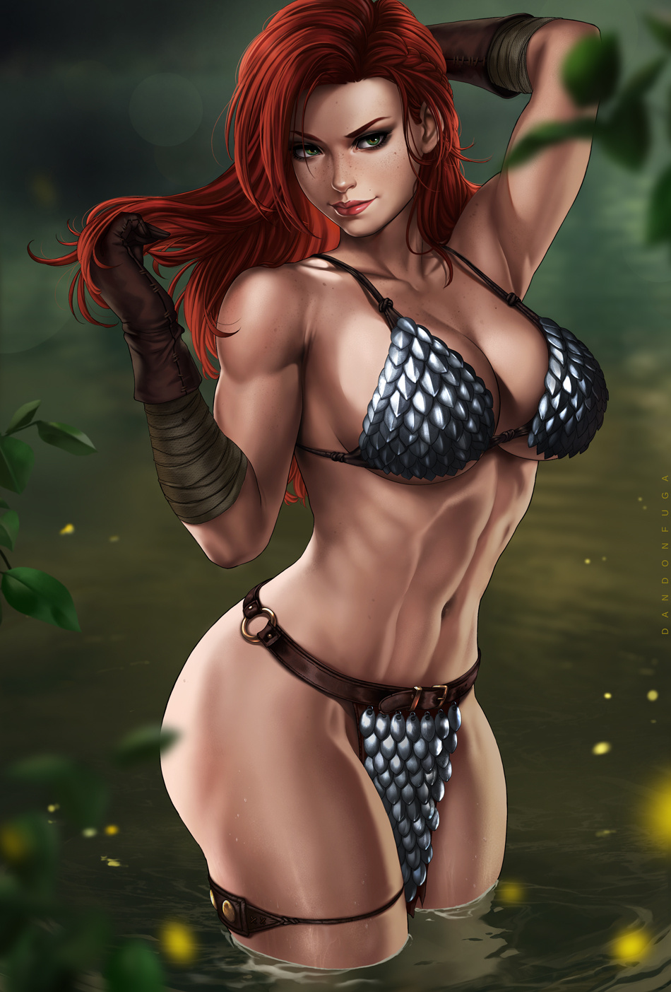 1girls, 1monster, abs, armor, athletic, athletic female, big breasts, bikini armor, breasts, chainmail bikini, cleavage, dandon fuga, female, female human, female only, fit, fit female, full lips, hourglass figure, human, interspecies, large breasts, light skin, light-skinned female, loincloth, marvel, marvel comics, mature female, muscles, muscular, muscular female, navel, nipples, red sonja, red sonja (comics), slim waist, solo, variant, variant set, wide hips