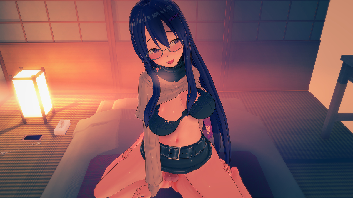 3d, balls, belt, black bra, black skirt, blush, bra, breasts, clothing, doki doki literature club, duo, female, glasses, hair over breasts, long hair, male, miniskirt, navel, open mouth, penetration, purple eyes, purple hair, reverse cowgirl position, sex, shirt, shirt lift, skirt, spread legs, straight, underwear, voluptuous, witchanon, yuri (doki doki literature club)