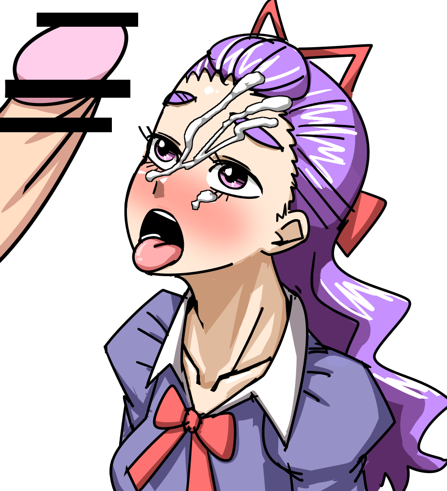 bar_censor blush bow bowtie censored clothing collarbone cum duo eyelashes faceless_male facial female hair_ribbon human long_hair looking_up male mimino_kurumi nakata8432 open_mouth penis precure pretty_cure purple_eyes purple_hair ribbon simple_background solo_focus straight thick_eyebrows tongue tongue_out wavy_hair white_background yes!_precure_5 yes!_precure_5_gogo!