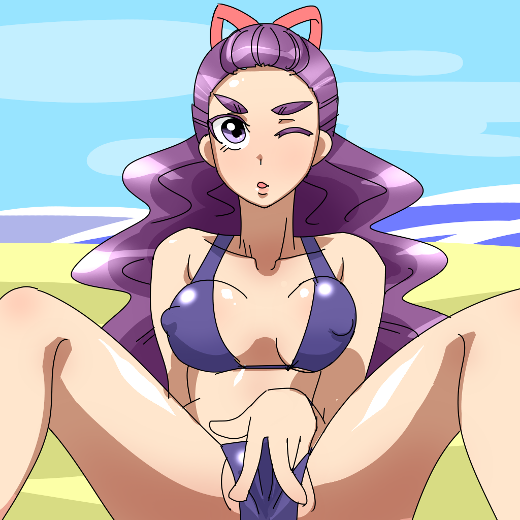 beach bikini breasts female female_only hair_ribbon human long_hair medium_breasts mimino_kurumi nakata8432 nipple_bulge outdoors precure pretty_cure purple_hair solo spread_pussy_under_clothes swimsuit very_long_hair wavy_hair yes!_precure_5 yes!_precure_5_gogo!